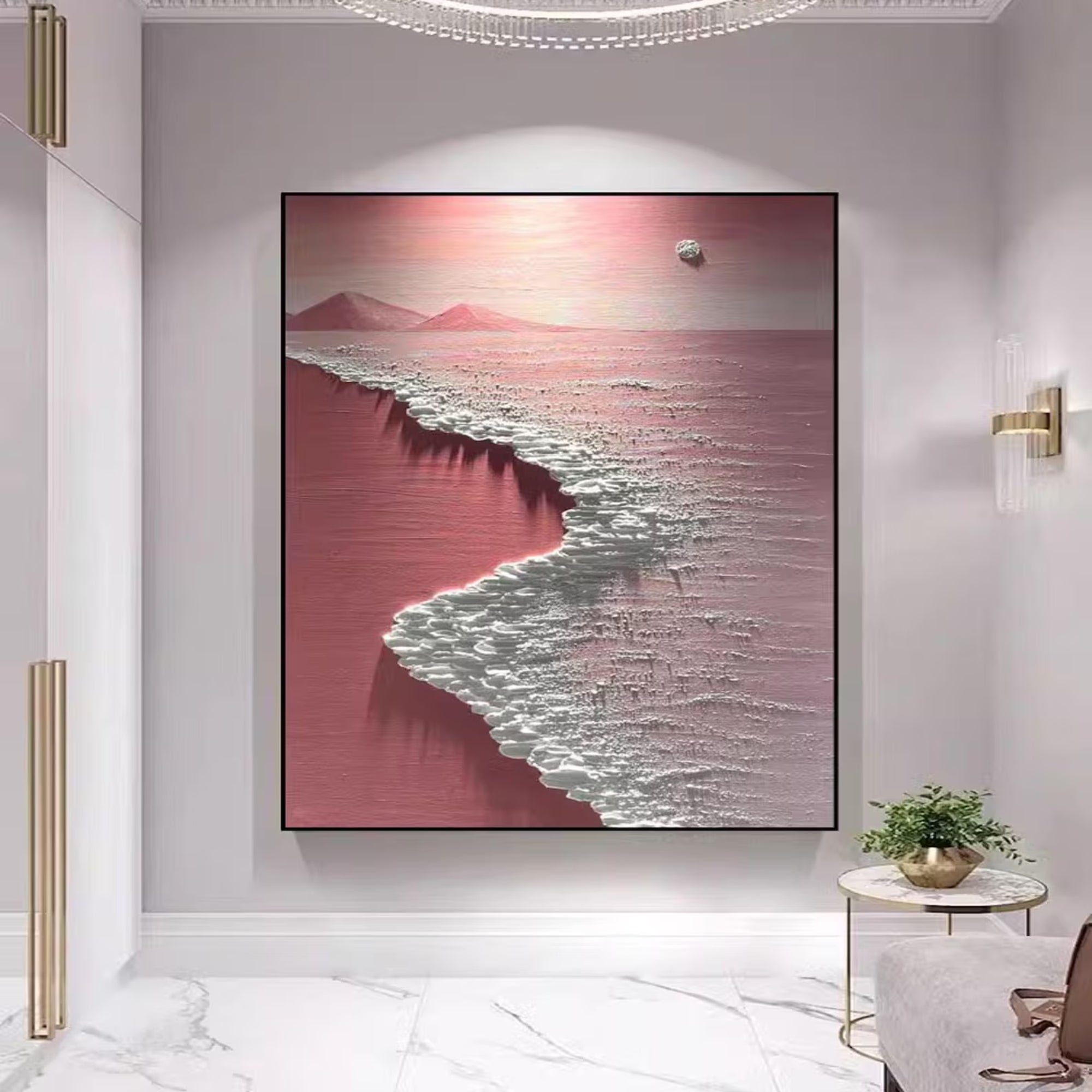Tranquil beach-inspired artwork that adds warmth to modern or Scandinavian-style living rooms.