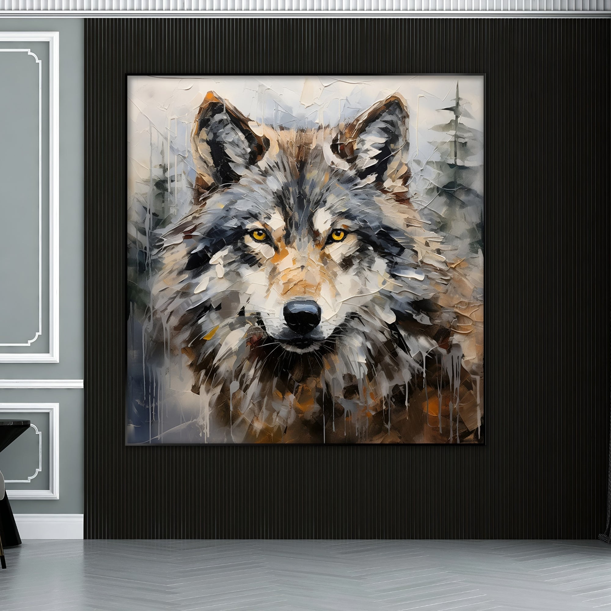 Rustic wolf oil painting with intense gaze, handmade canvas art for animal lovers and nature-inspired interiors.