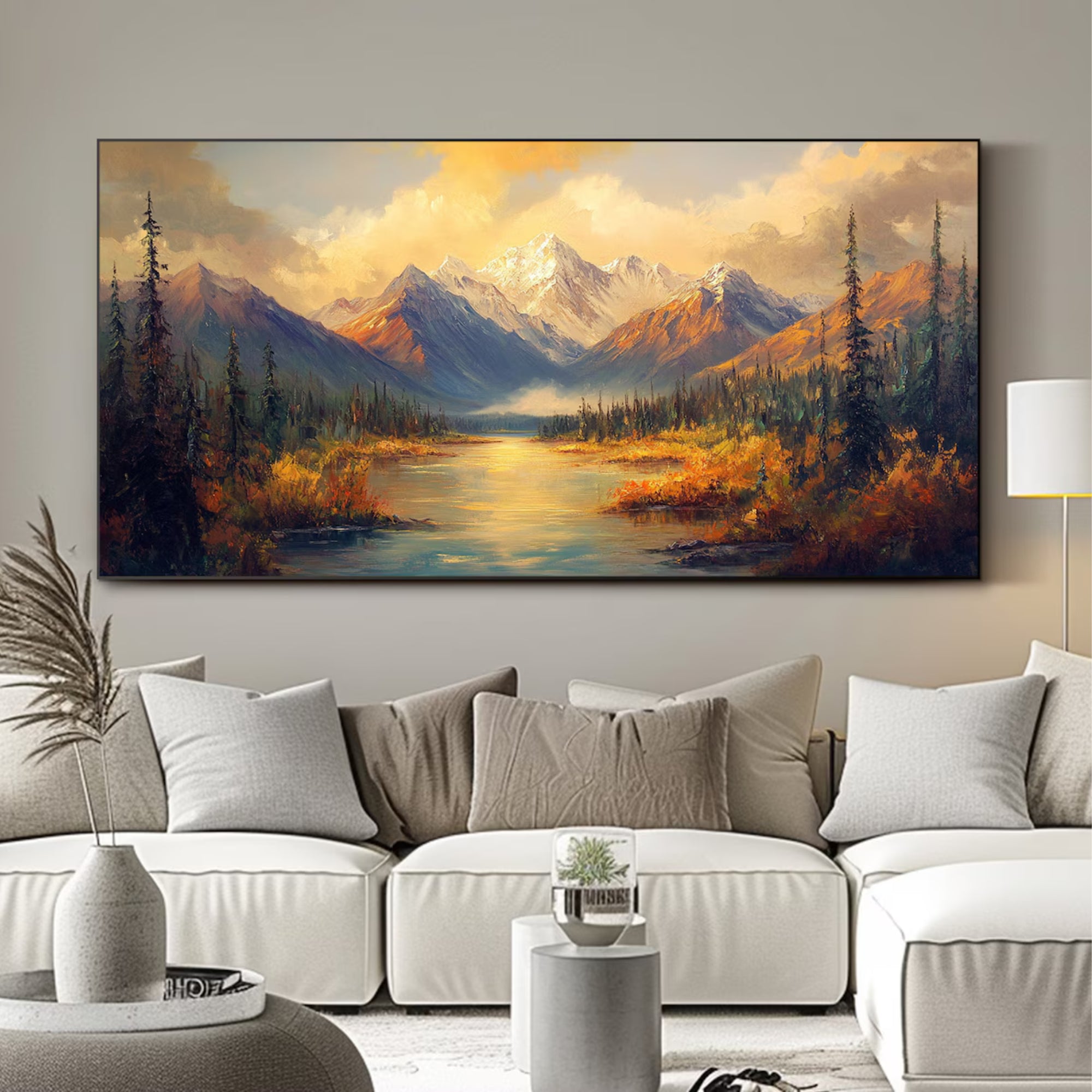 Hand-painted mountain landscape artwork featuring snow-dusted peaks, golden skies, and a reflective lake—ideal for cozy lounges or reading corners seeking a warm, nature-inspired focal point