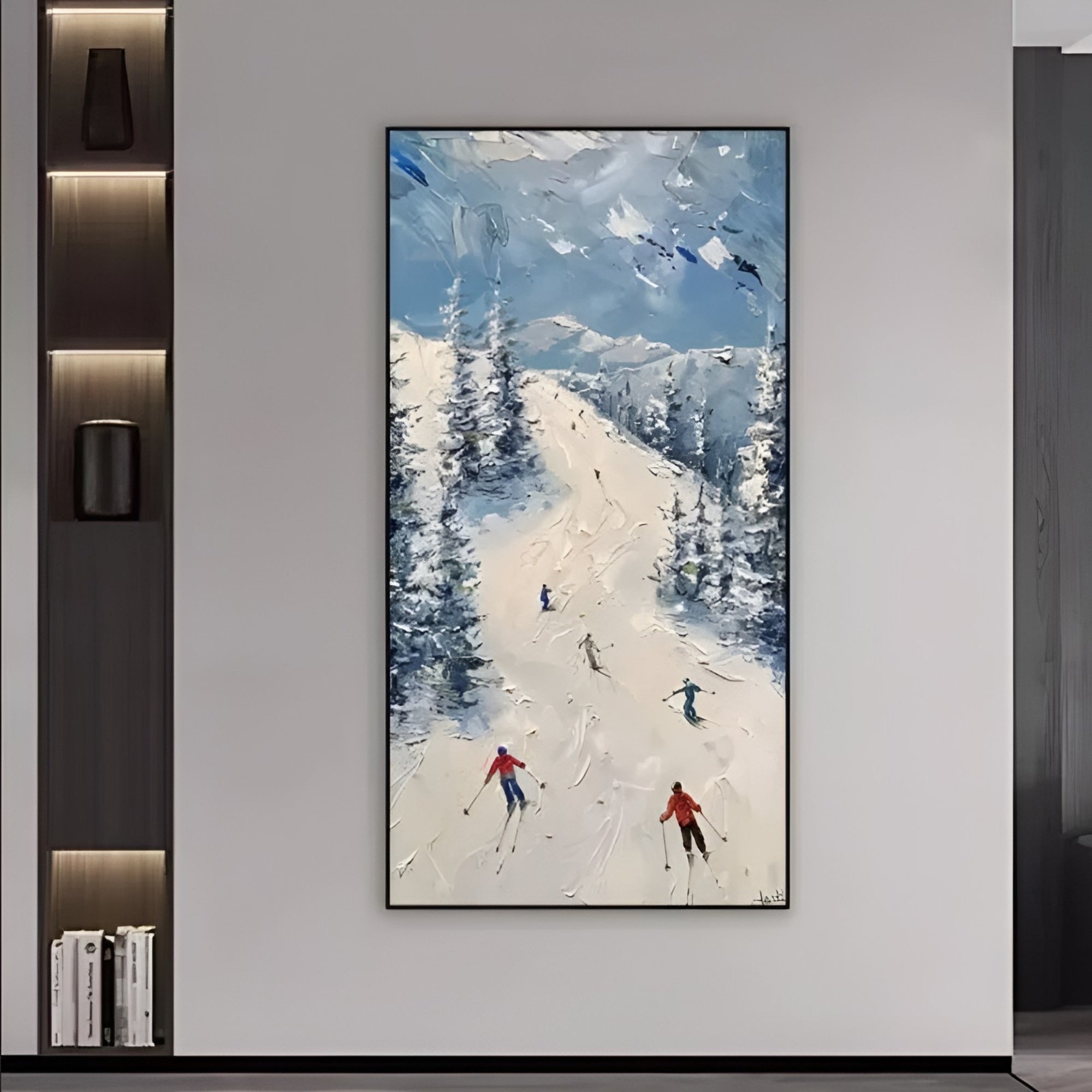 Elegant ski-themed artwork featuring textured brushstrokes of snow and pine trees, framed in a minimalist interior.