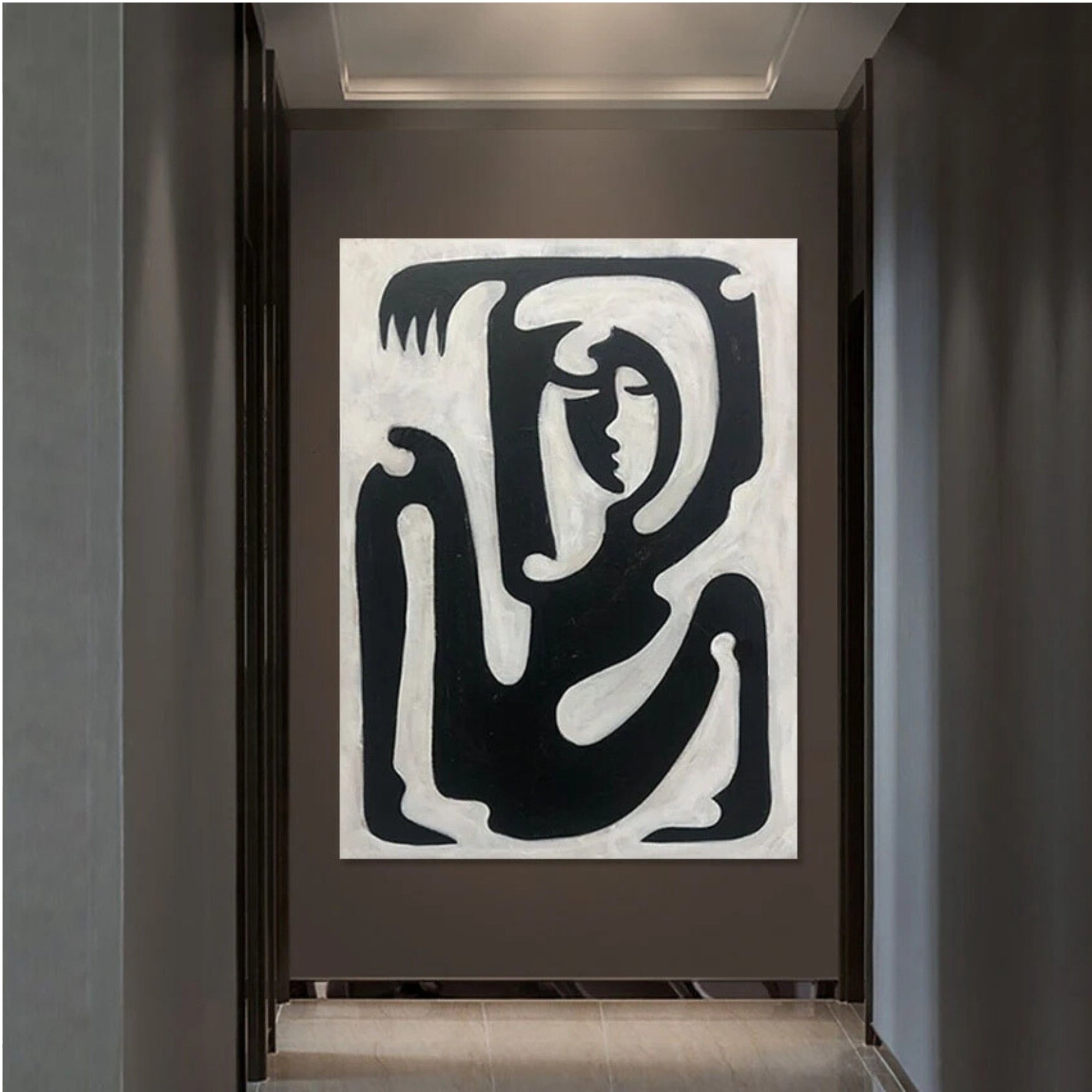 Bold handmade abstract figure painting, ideal for minimalist or modern hallways and gallery-inspired interiors.