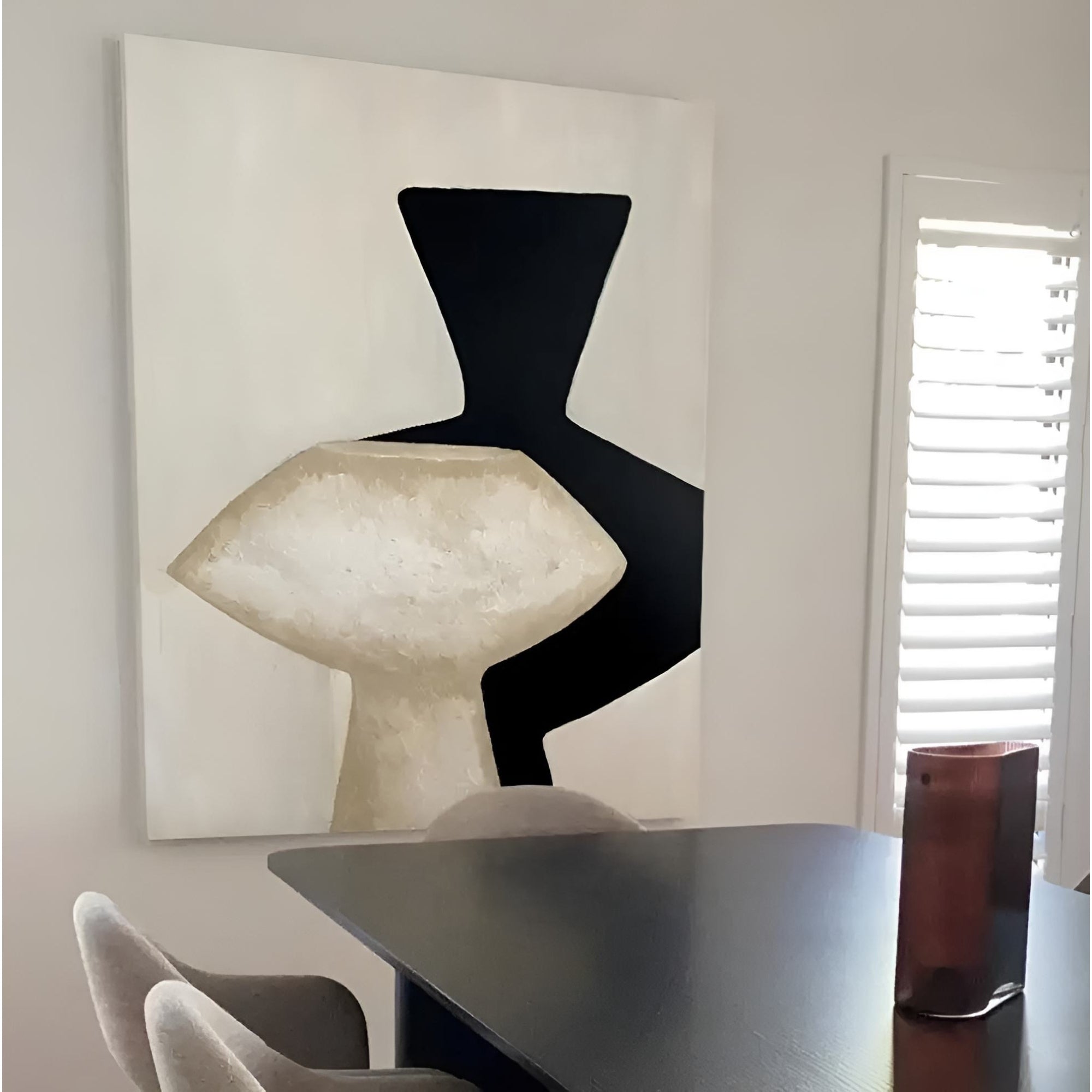 Minimalist abstract painting with geometric black and beige shapes, perfect for modern interior decor.