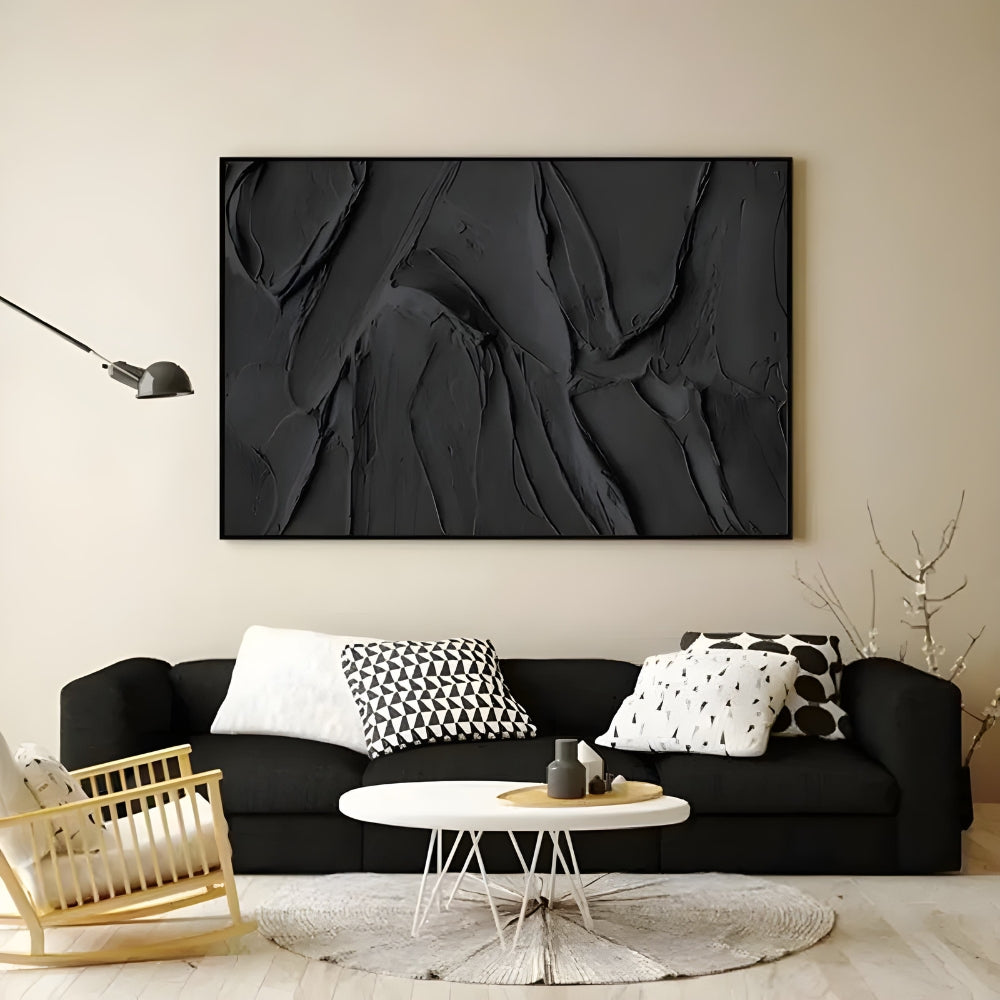 Dark abstract art that complements industrial-style living rooms or workspaces.
