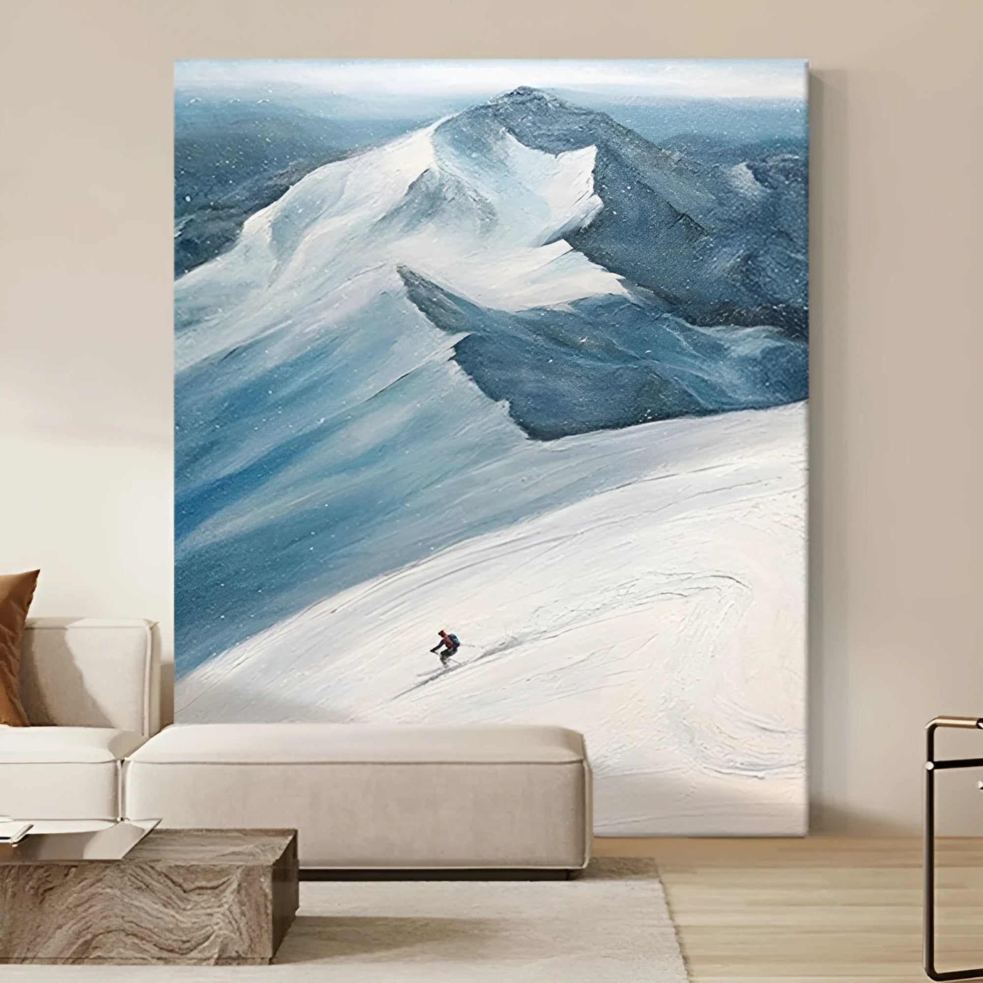 Hand-painted mountain ski scene in oil, perfect for cozy living rooms or adventure-themed home offices