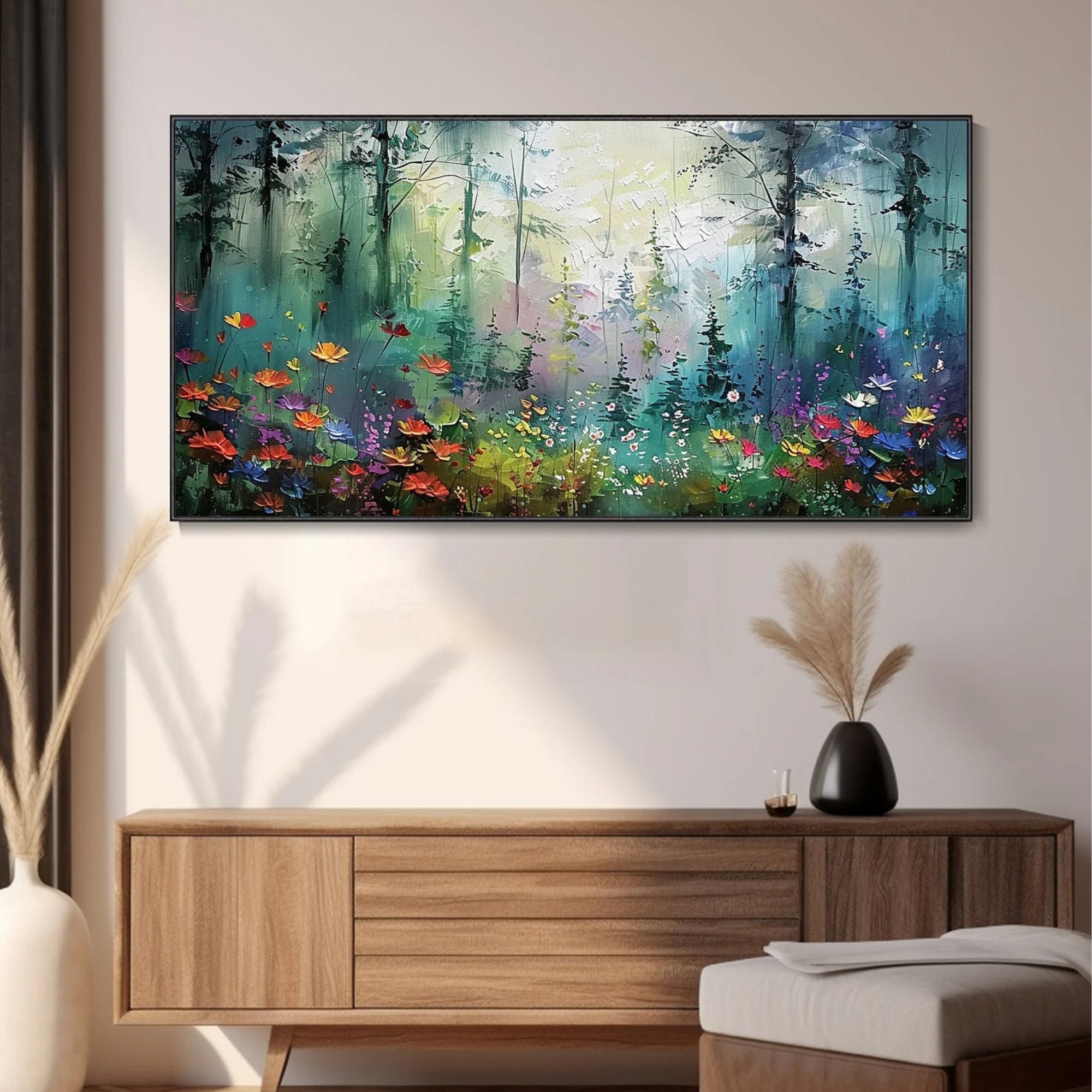 A panoramic painting of a misty forest filled with vibrant wildflowers, mounted on a light grey wall in a contemporary open-plan interior.