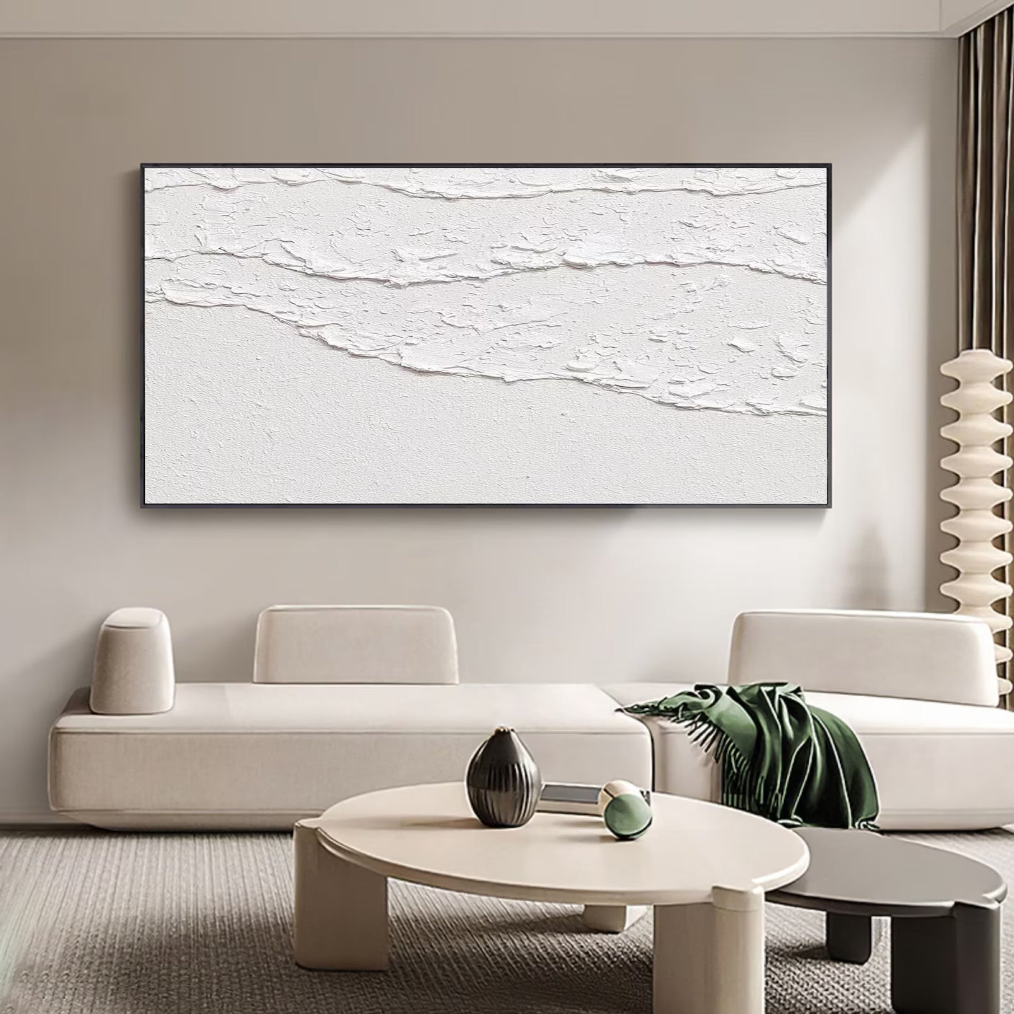 Handmade horizontal textured artwork in soft white tones, perfect for modern dining areas or reading corners