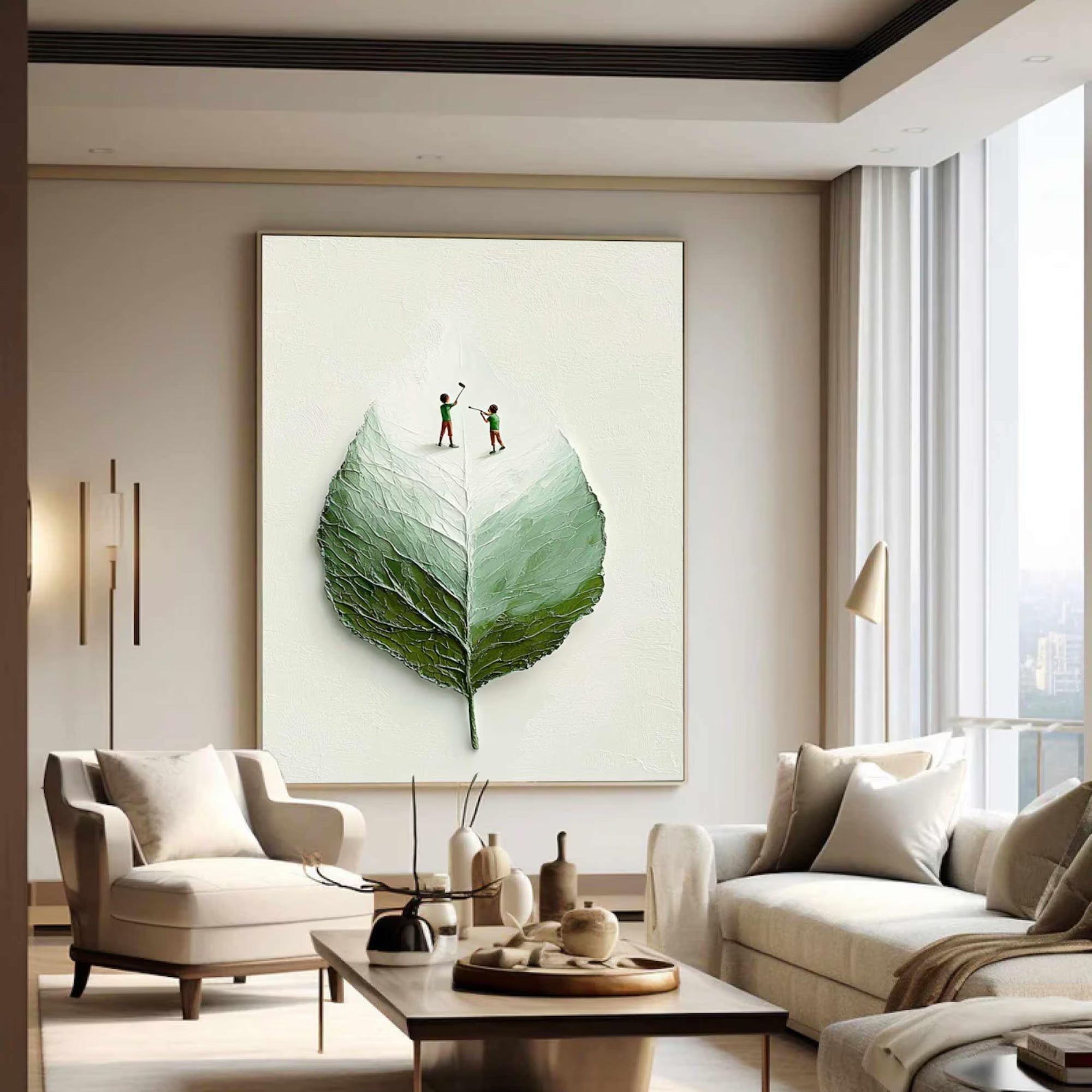 Handmade oil painting of a textured green leaf with tiny figures, ideal for modern home interiors or creative office spaces.