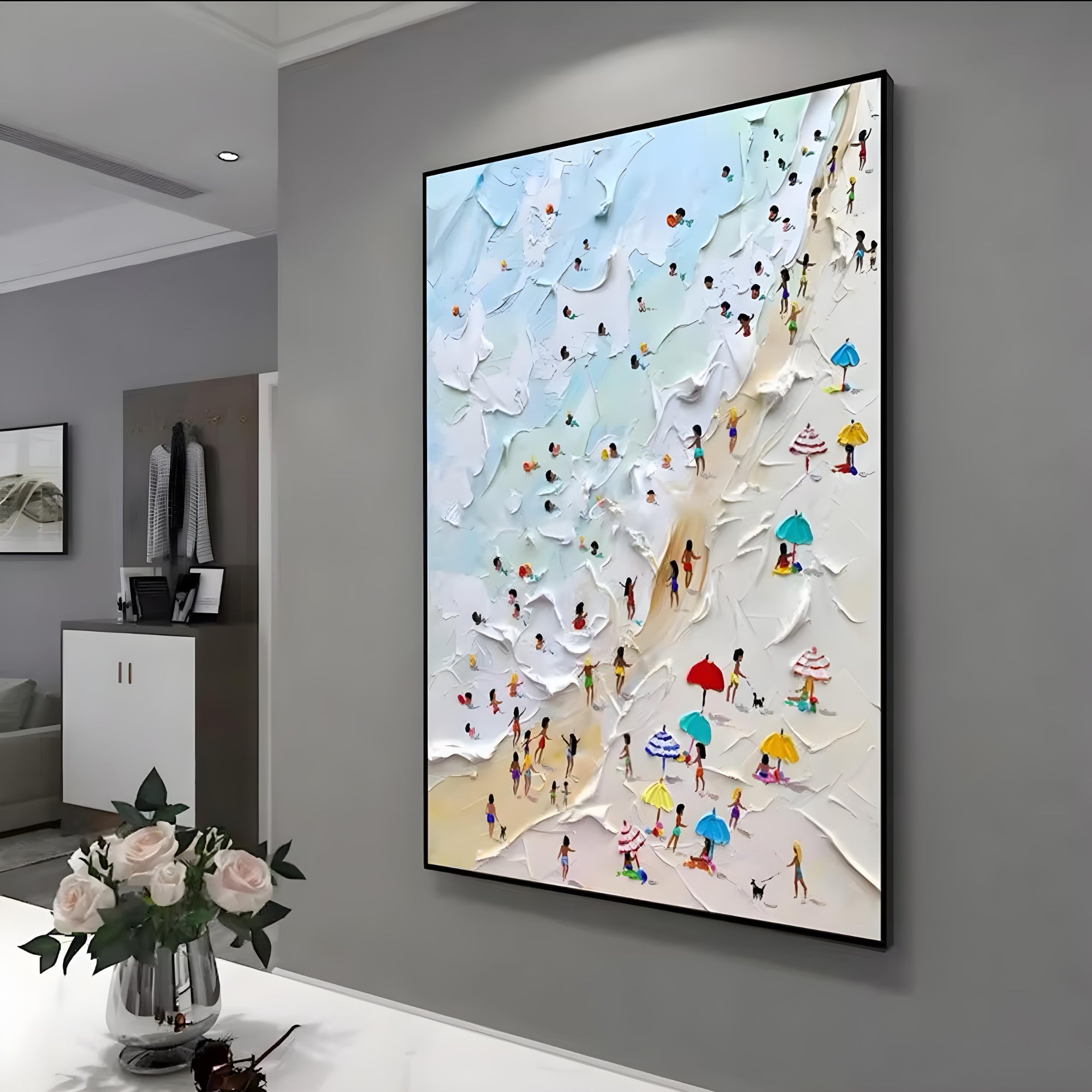 Lively beach scene in handmade oil, a cheerful touch for kids’ playrooms, casual dining areas, or creative workspaces.
