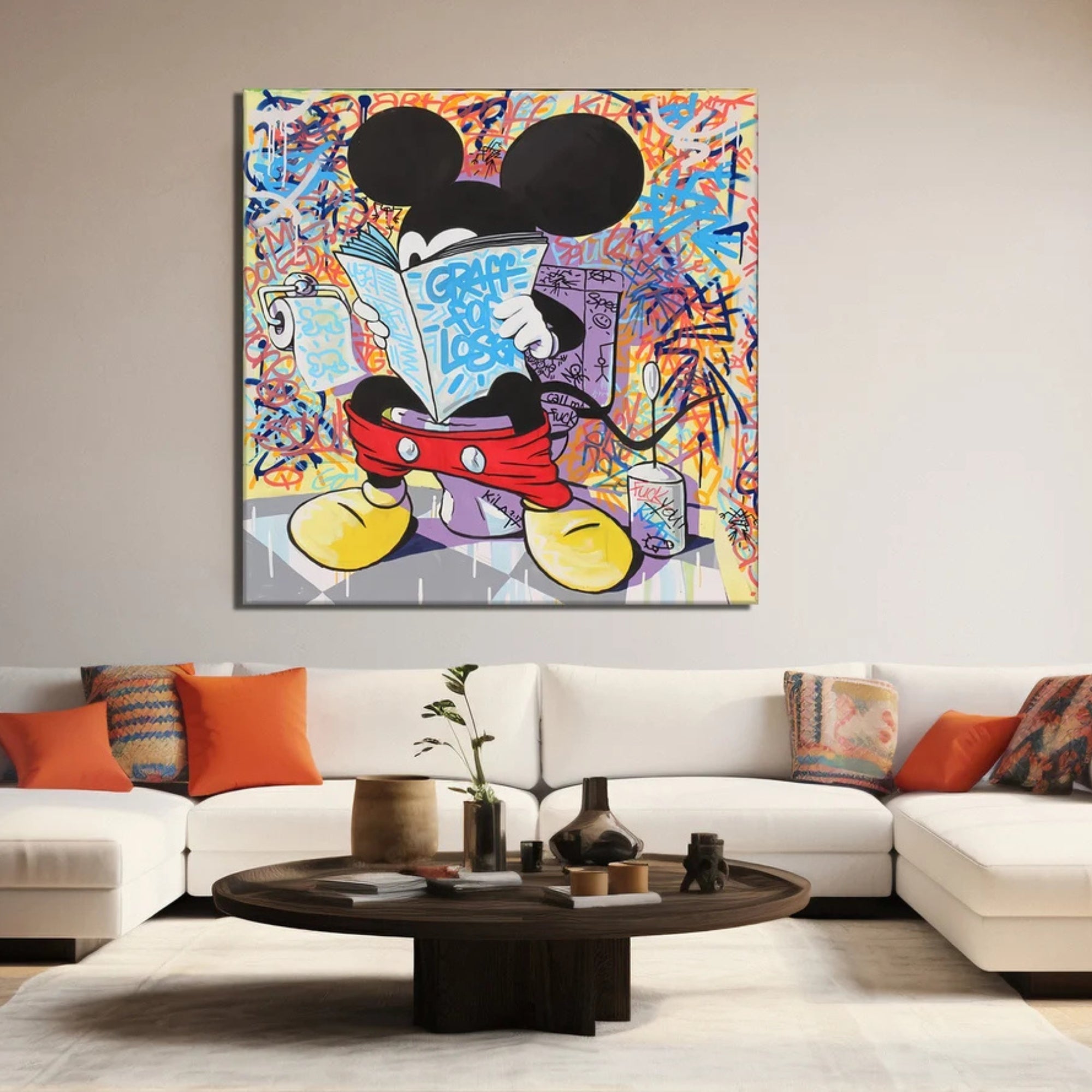 Luxury Urban Graffiti Mickey Art – This high-end, hand-painted canvas blends Mickey Mouse with abstract graffiti tags and modern pop culture themes.