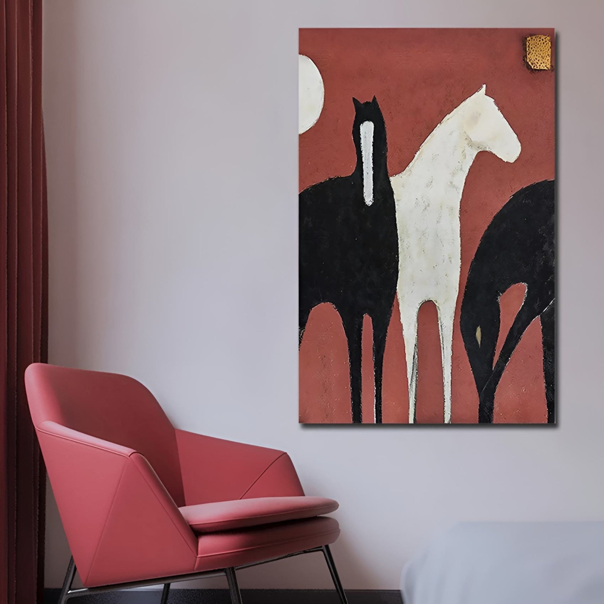 Minimalist handmade oil painting of black and white horses, perfect for bohemian homes, art studios, or boutique hotels.