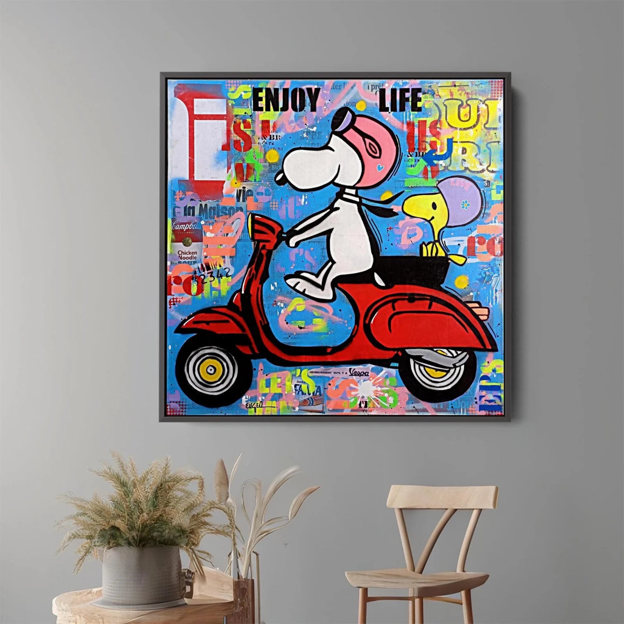 Snoopy and Woodstock cruising in urban street art, unique canvas print with a retro aesthetic.