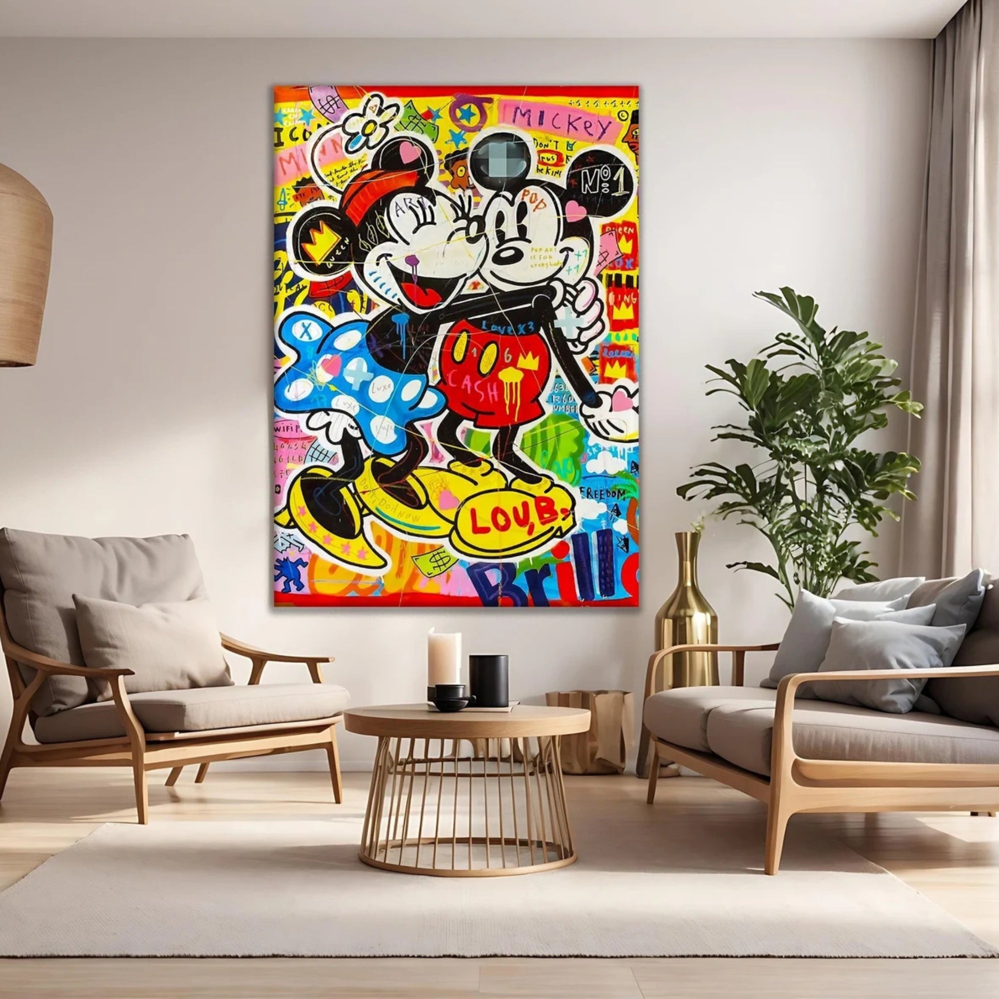 Bold street art canvas of Mickey and Minnie Mouse, infused with urban graffiti, designer brands, and vibrant pop art style.