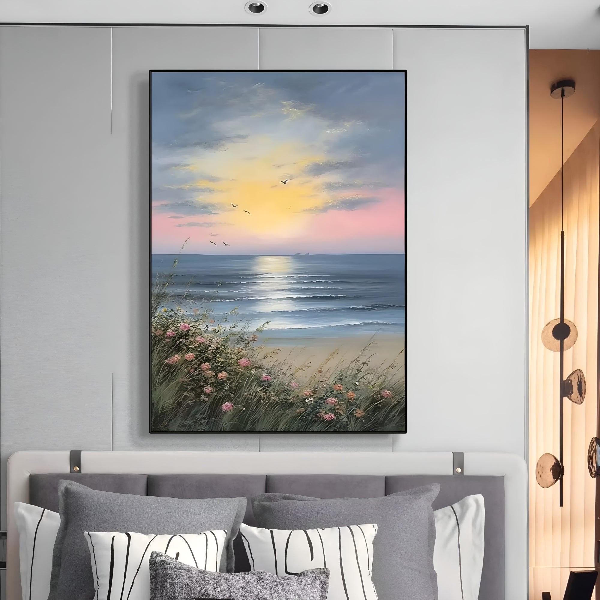 Tranquil beach wall art in soft hues, handmade oil painting to elevate your home with coastal vibes.
