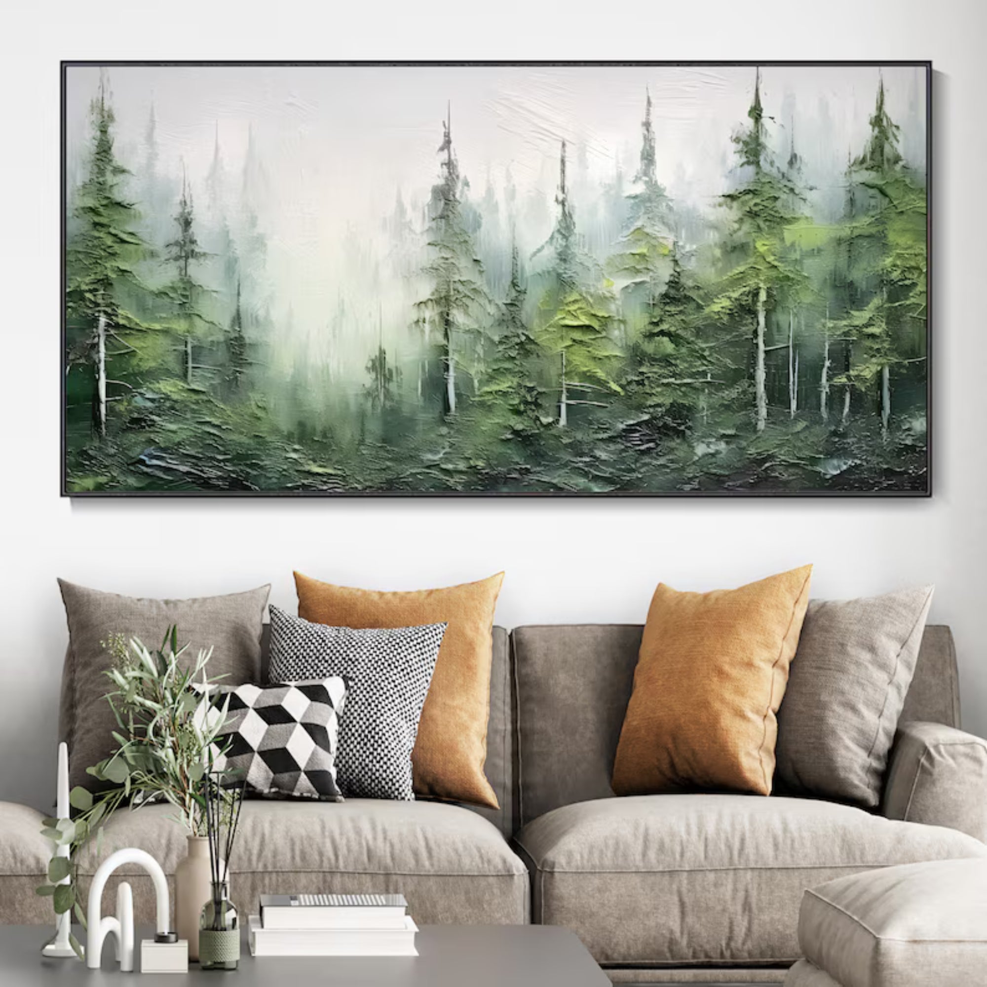 Tranquil forest oil painting with textured green trees fading into soft fog, perfect for a cozy, earthy interior.