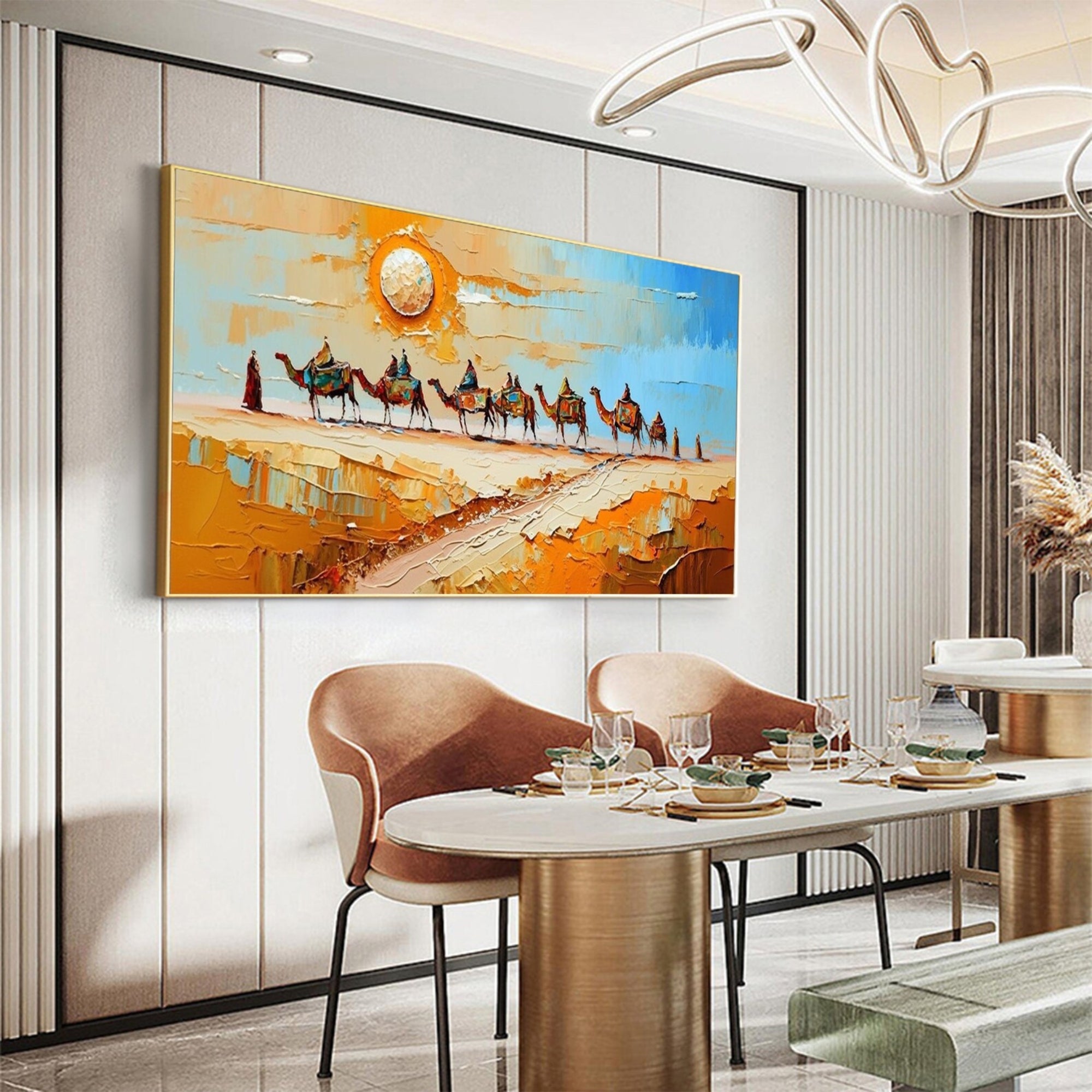 Hand-painted camel caravan in the Sahara landscape – Warm earthy textures and bold brushstrokes bring this desert journey to life. A stunning piece for hallways or rustic interiors.