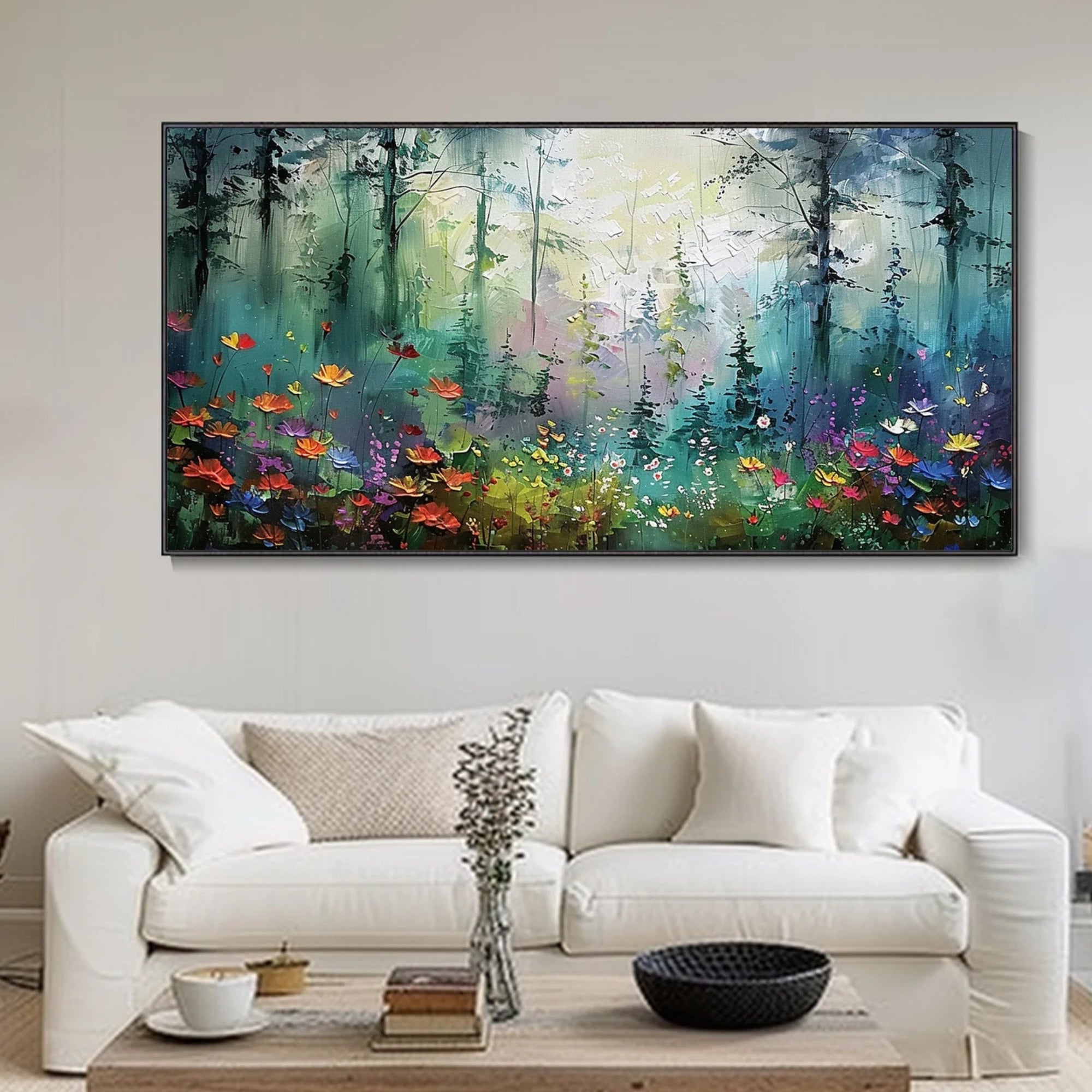Colorful forest scene with blooming flowers and soft morning fog, bringing nature’s beauty into a minimalist modern hallway.
