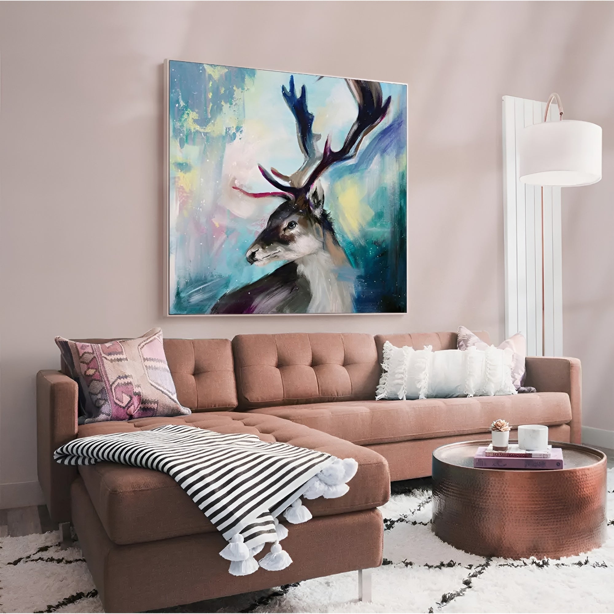 Handmade reindeer painting in bold colors, a stunning artwork that fits beautifully in both elegant and artistic interiors