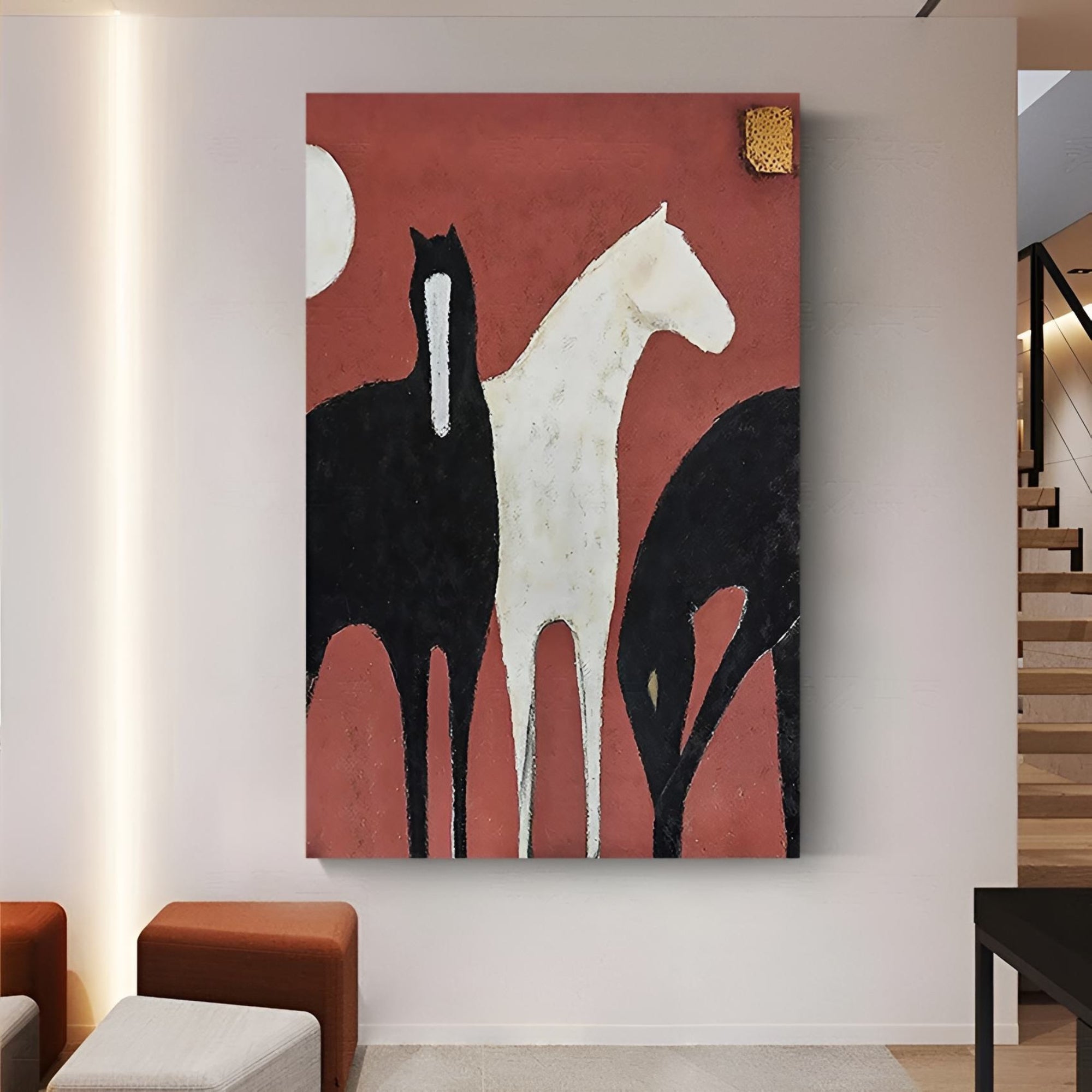 Handmade oil artwork showing abstract horses on rustic red, great for modern lofts, relaxed cafés, or stylish reading nooks.