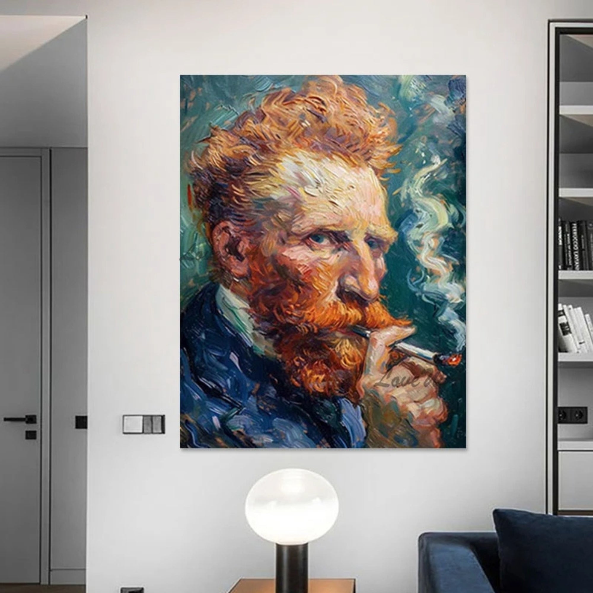 Expressive handmade portrait of Van Gogh with rich textures, ideal for art-focused interiors, bookstores, or lounge areas.