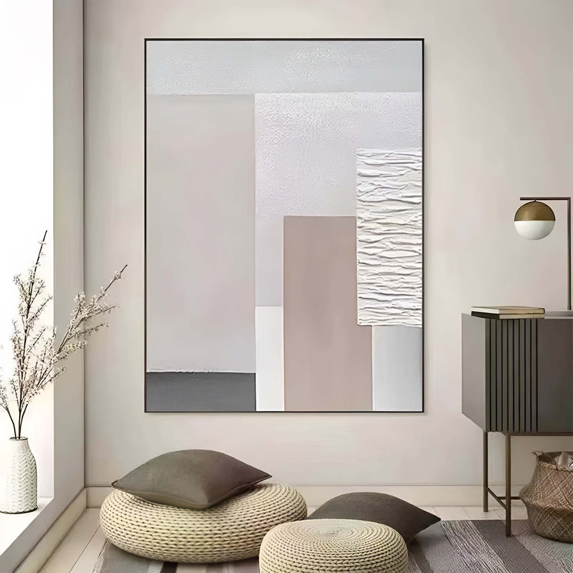 Modern geometric abstract art piece with neutral hues and dimensional textures. Handmade canvas painting for sophisticated interiors.