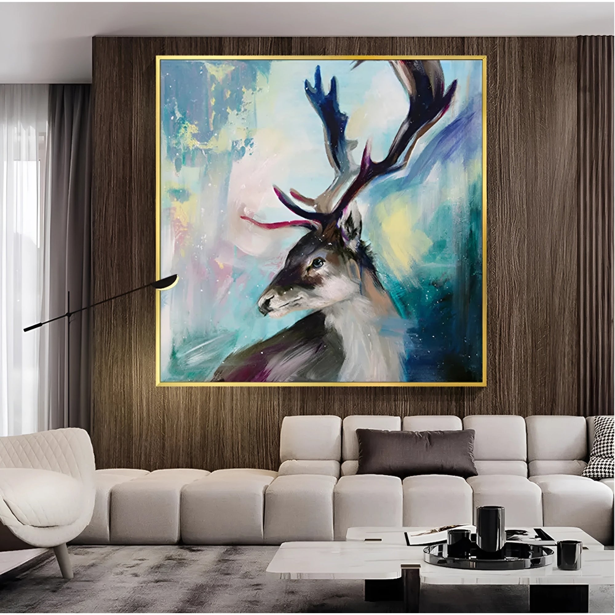 Hand-painted reindeer canvas with abstract background, a lively centerpiece for creative and festive home decor.