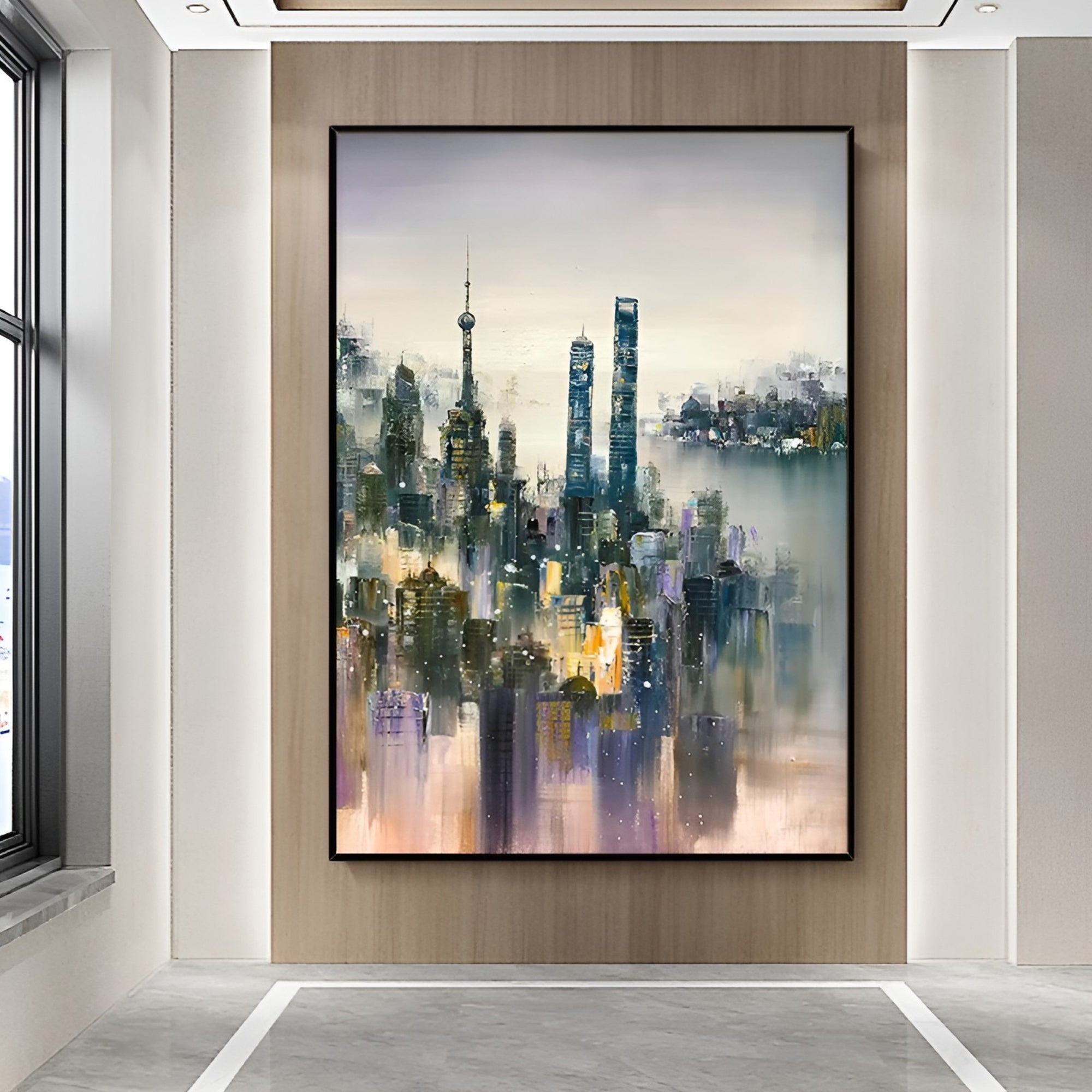 Handmade oil painting of a misty city skyline with modern buildings, perfect for contemporary interior design.