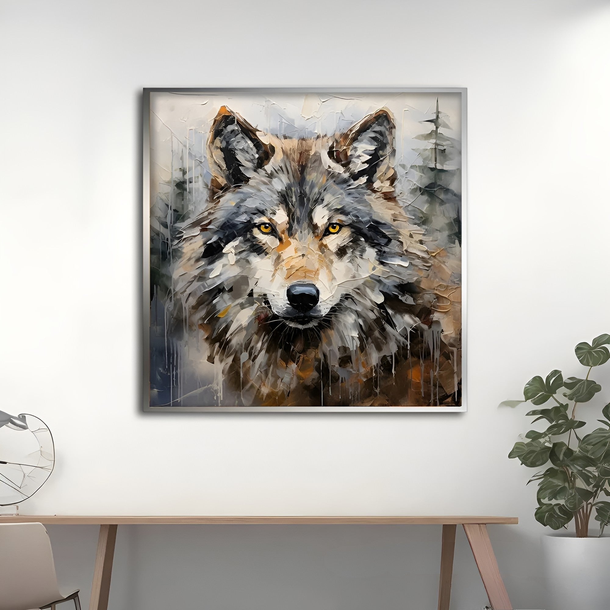 Handmade oil painting of a wolf with piercing golden eyes, perfect for rustic and modern interior wall decor.