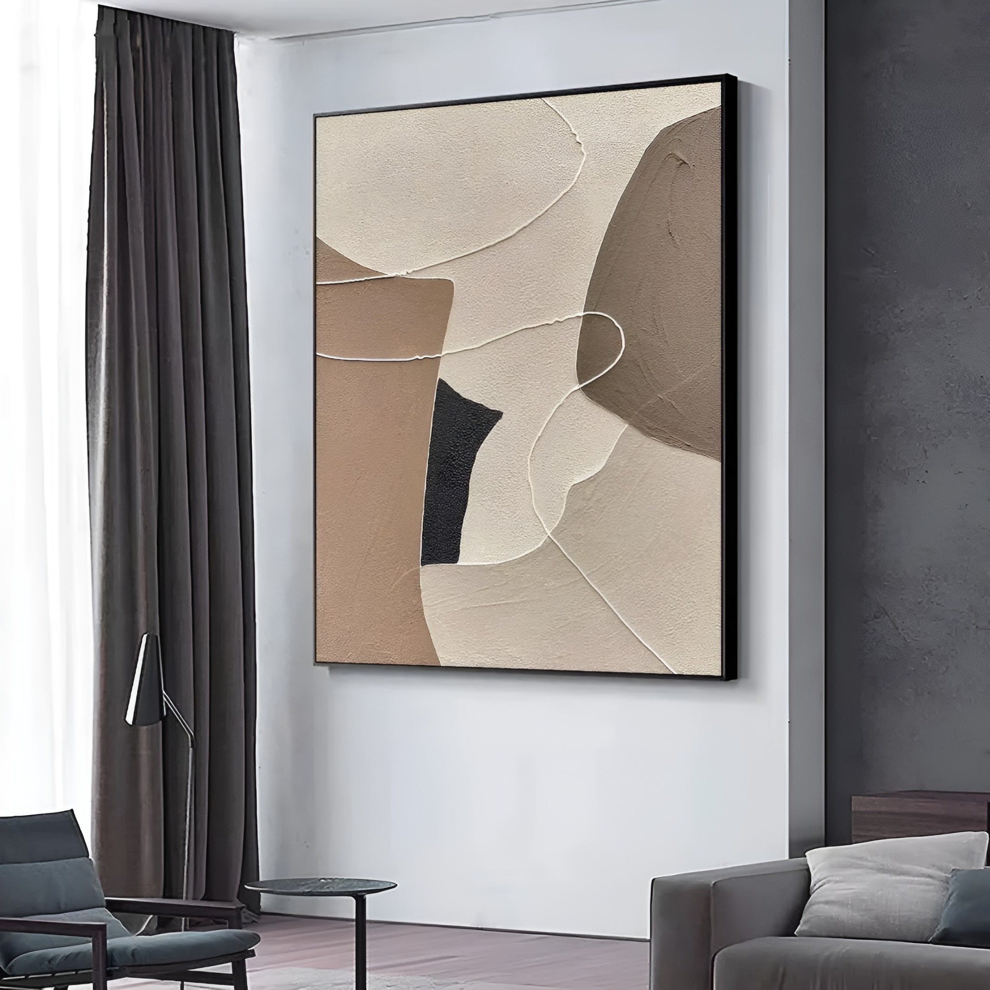 Handcrafted neutral abstract painting with rich texture, beige and brown tones, and delicate white detailing. Perfect for modern interiors.