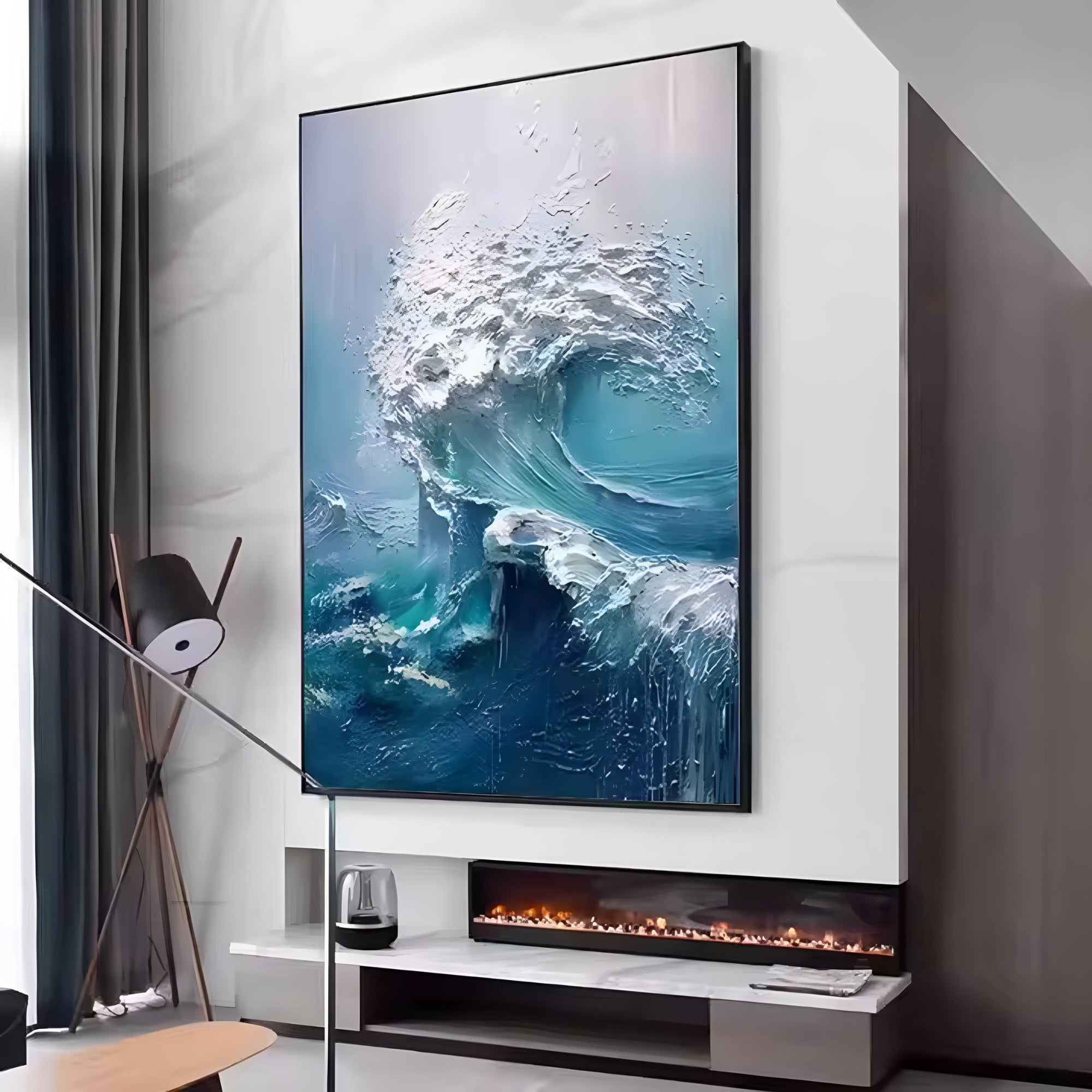 Close-up handmade oil painting featuring a roaring ocean wave with foamy textures and a soothing turquoise palette, bringing coastal elegance and natural energy into contemporary spaces.