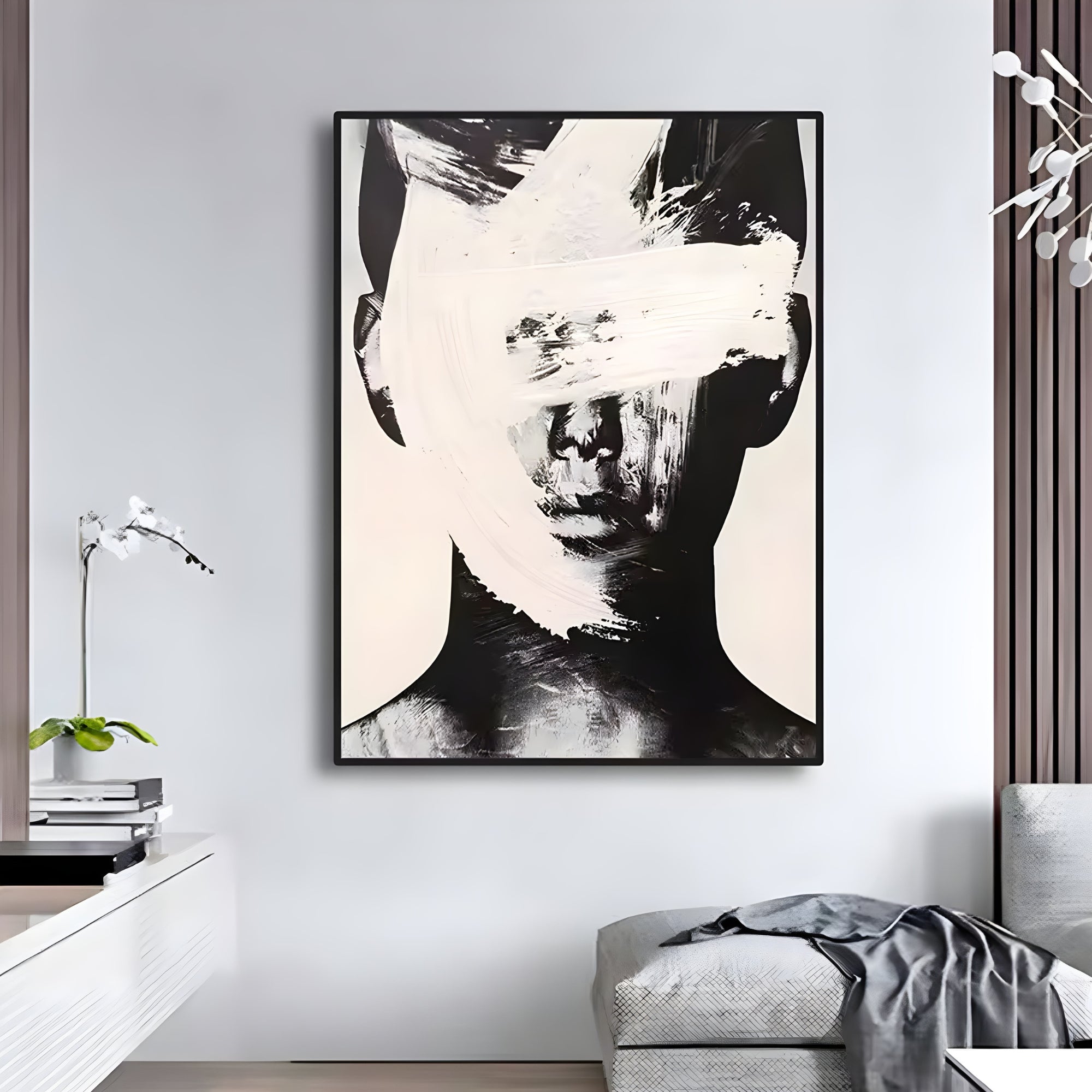Abstract handmade oil painting of a blurred black and white portrait, ideal for offices or contemporary art collections.