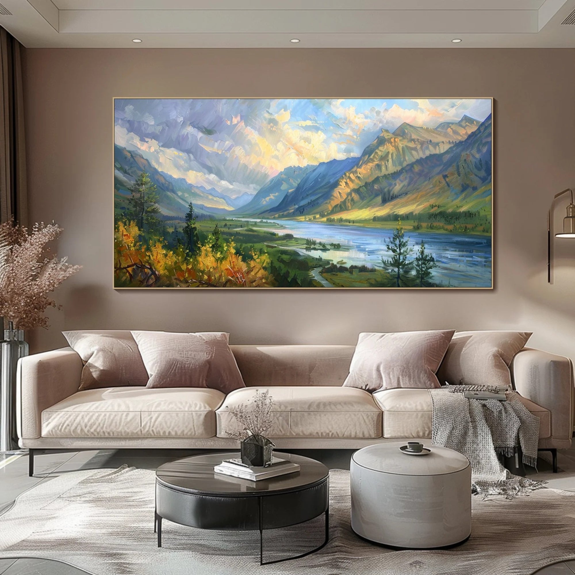 Large panoramic wall art of a scenic valley and river, capturing nature’s beauty in vivid brushstrokes.