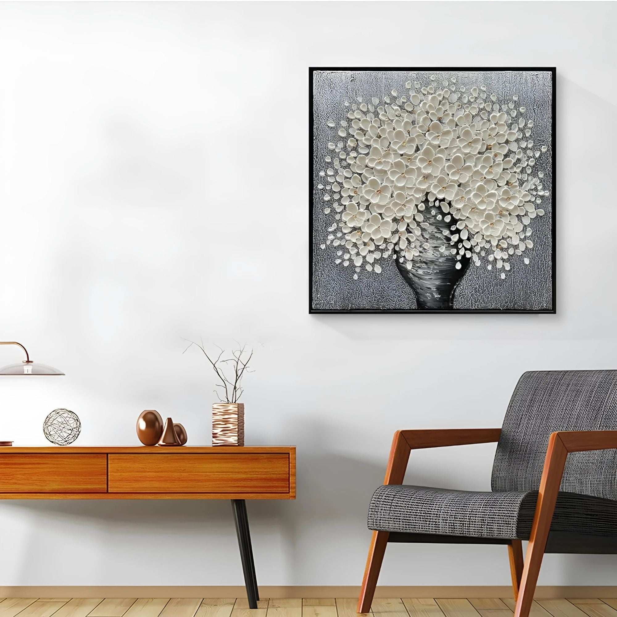 Hand-painted oil artwork of blooming white flowers, great for bedrooms or serene workspace décor.