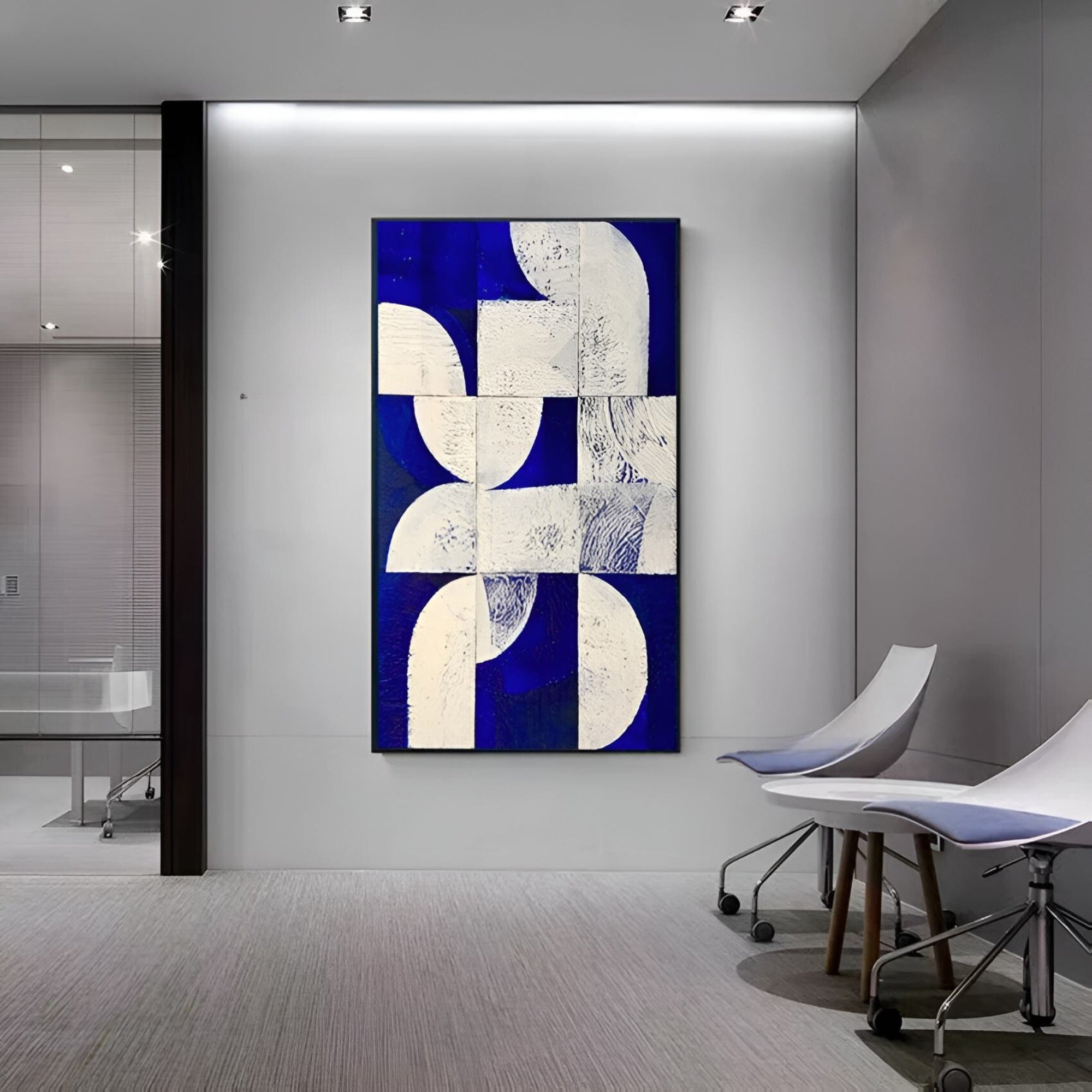 Vibrant abstract piece combining smooth white forms and vivid blue tones in a grid structure.
Would stand out beautifully in a modern loft, studio apartment, or a boutique hotel lobby.