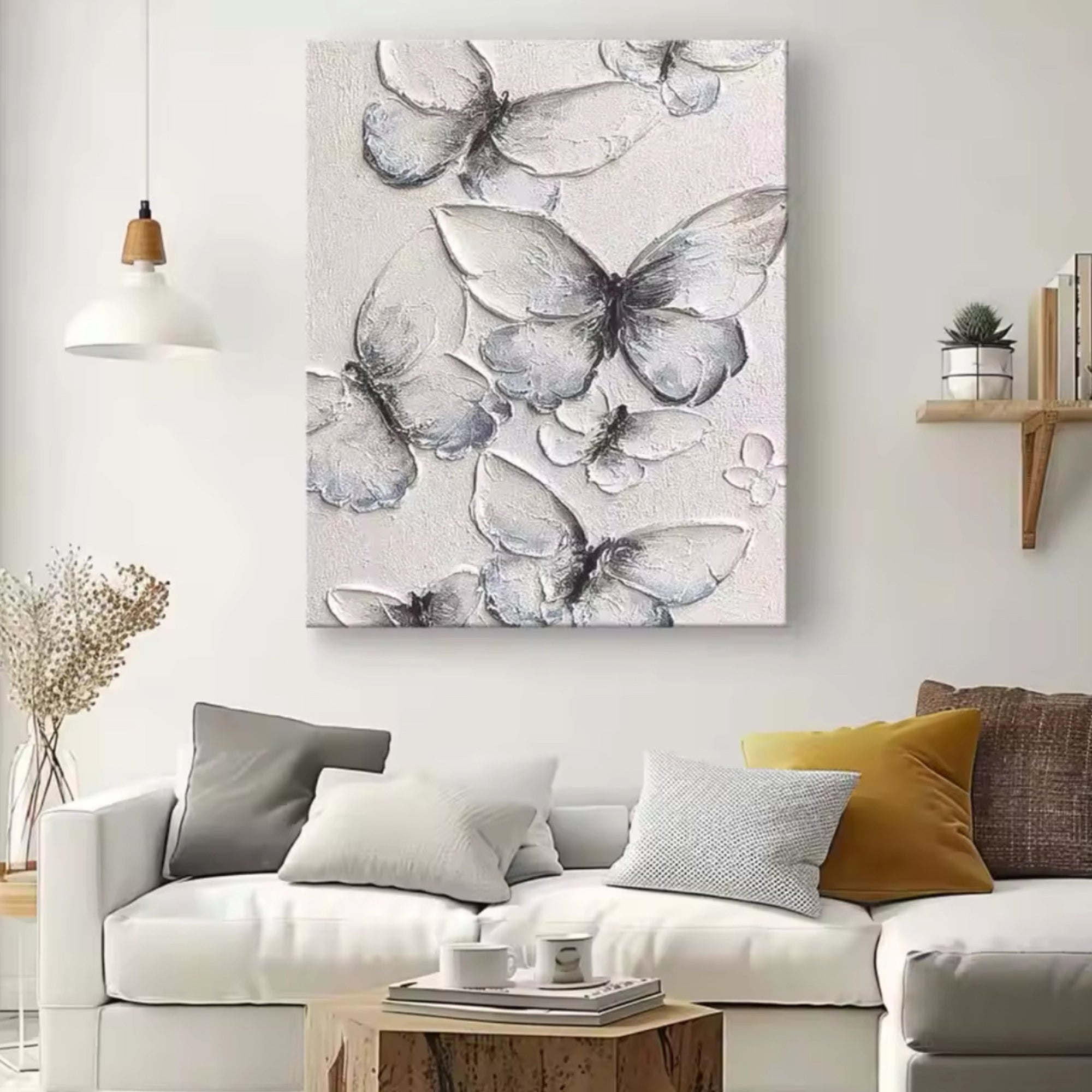 Handmade butterfly canvas art adds a gentle, natural touch to vintage-inspired dining or sitting areas.
