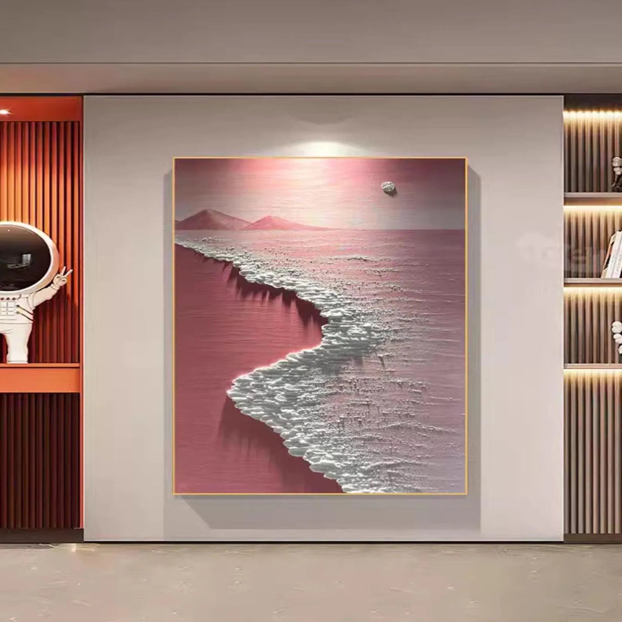 Handmade pink seascape oil painting, perfect for cozy reading nooks or light-filled sitting areas.