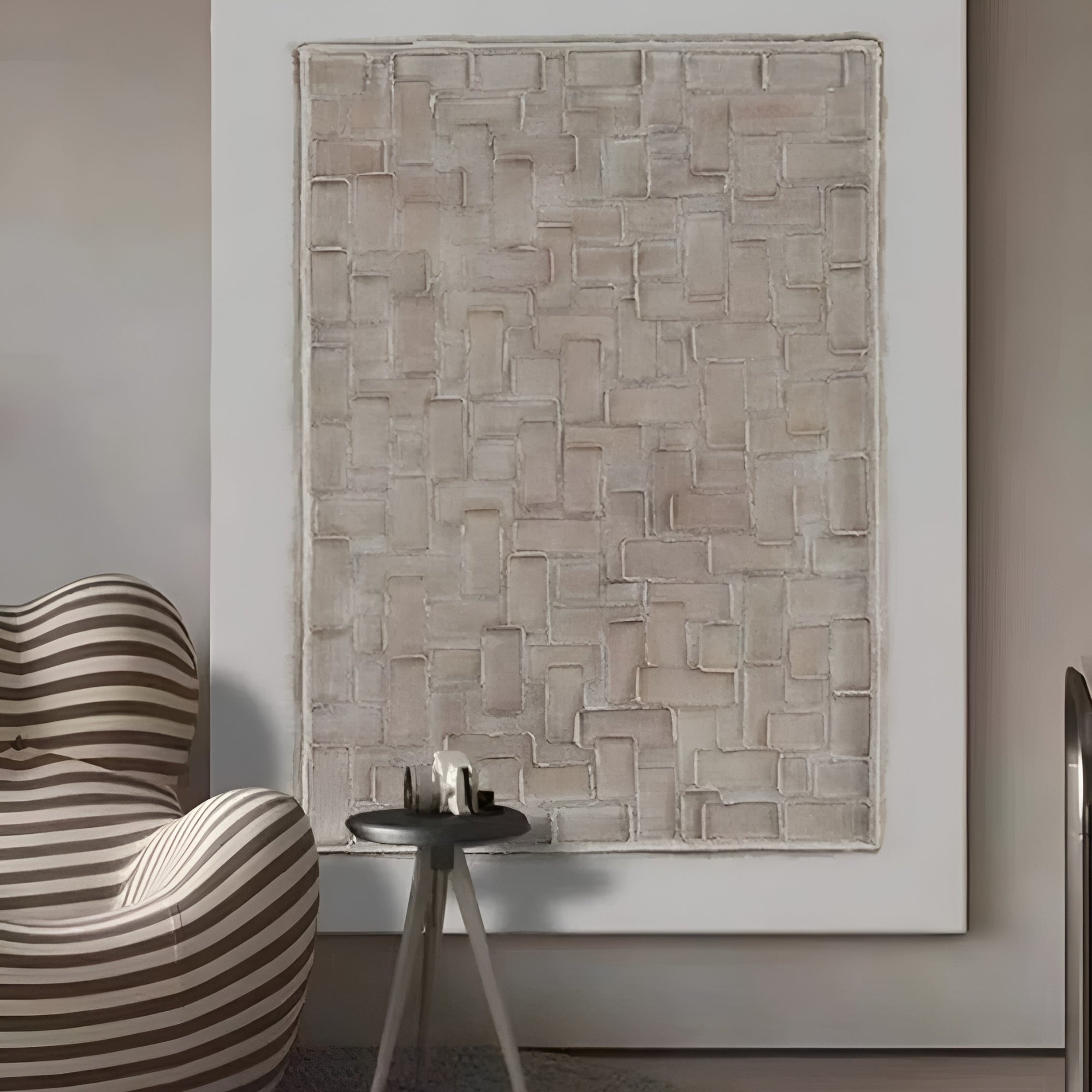 Modern abstract artwork with structured texture and soft beige tones, enhancing any living room or office with sophisticated charm.