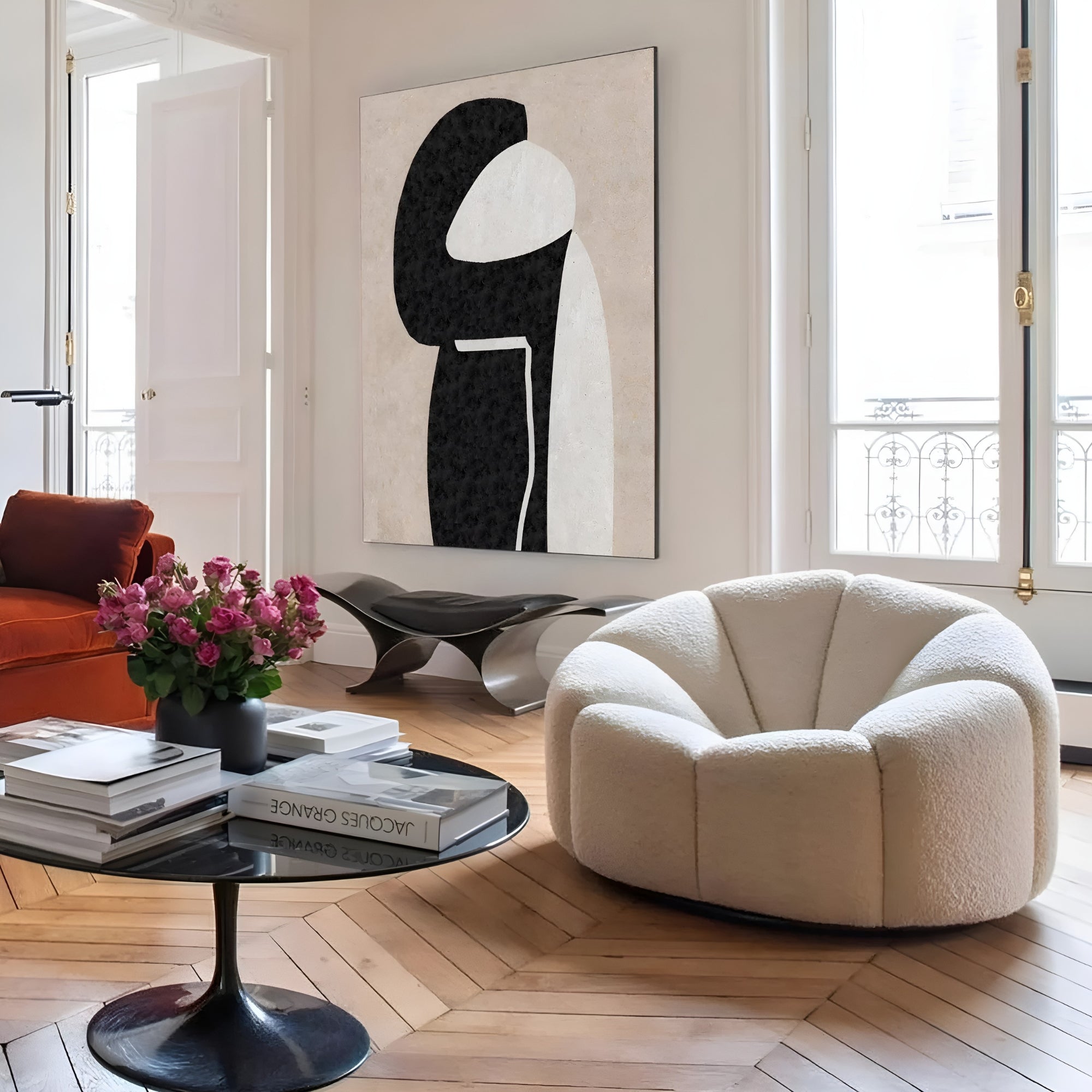 Large-scale abstract canvas painting featuring organic forms in black and white – A unique handmade artwork for contemporary home decor.