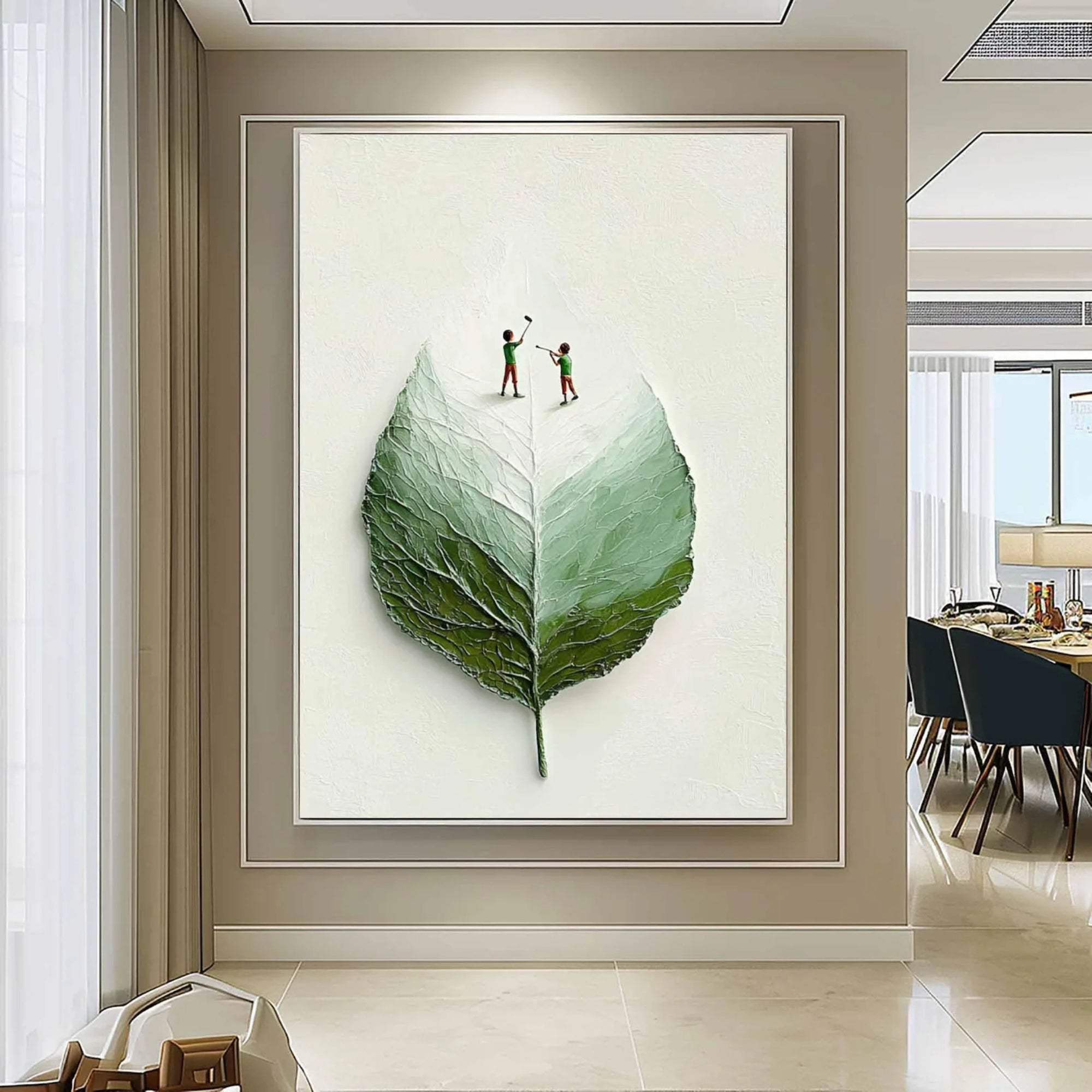 Detailed handmade oil painting of a single leaf with tiny golfers, fitting for eco-friendly spaces, offices, and home decor.