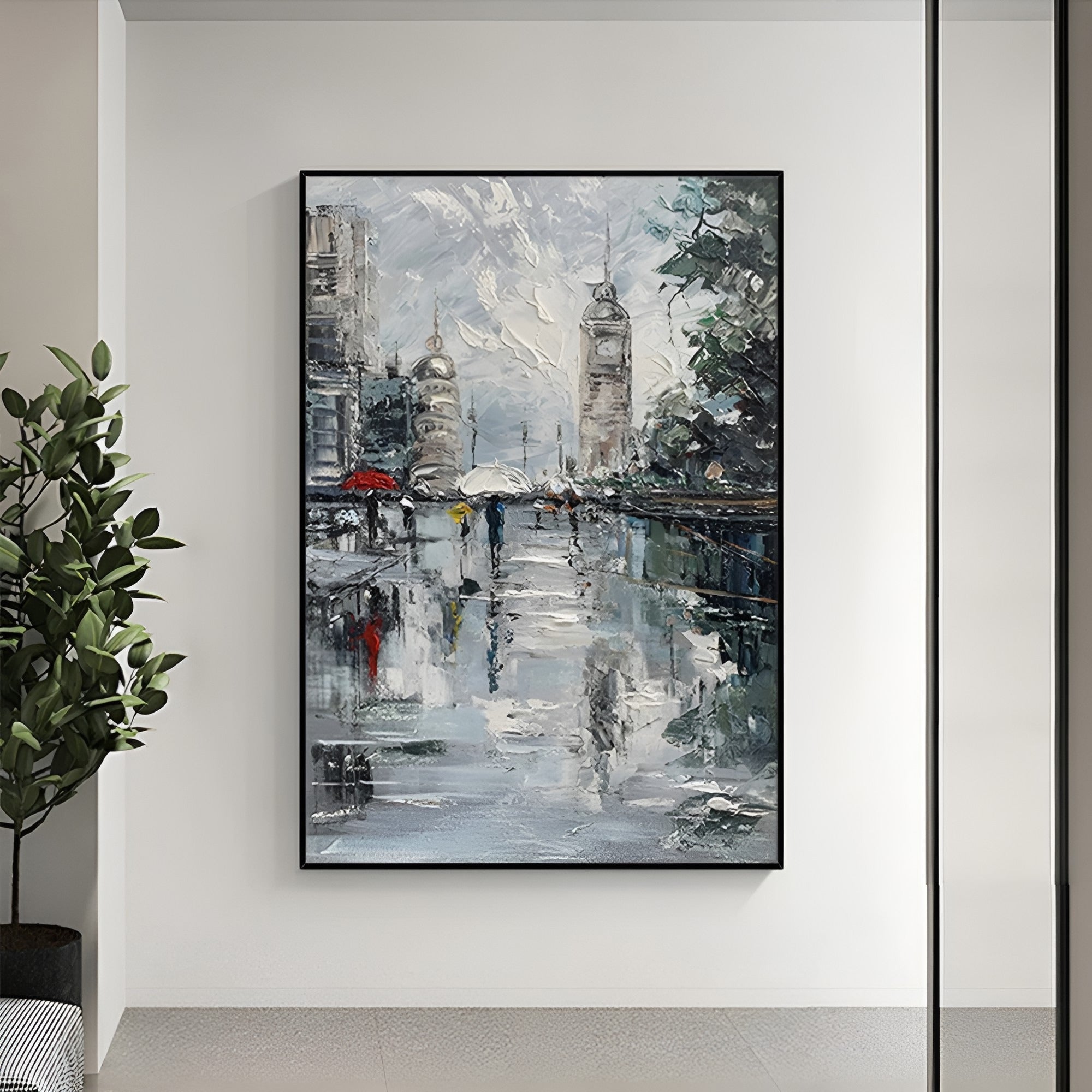 Hand-painted rainy city view with iconic clock towers and rich atmospheric tones, perfect for adding a timeless urban feel to lounge or office spaces.