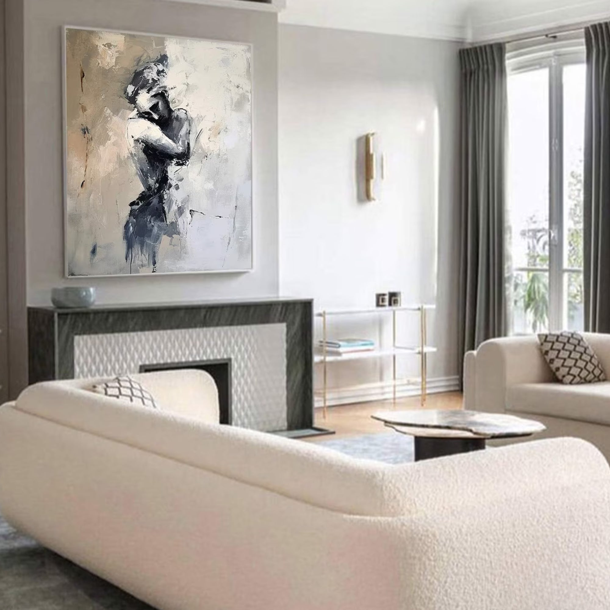 Modern hallway scene showcasing a dynamic black-and-white figurative painting that captures emotion and depth.