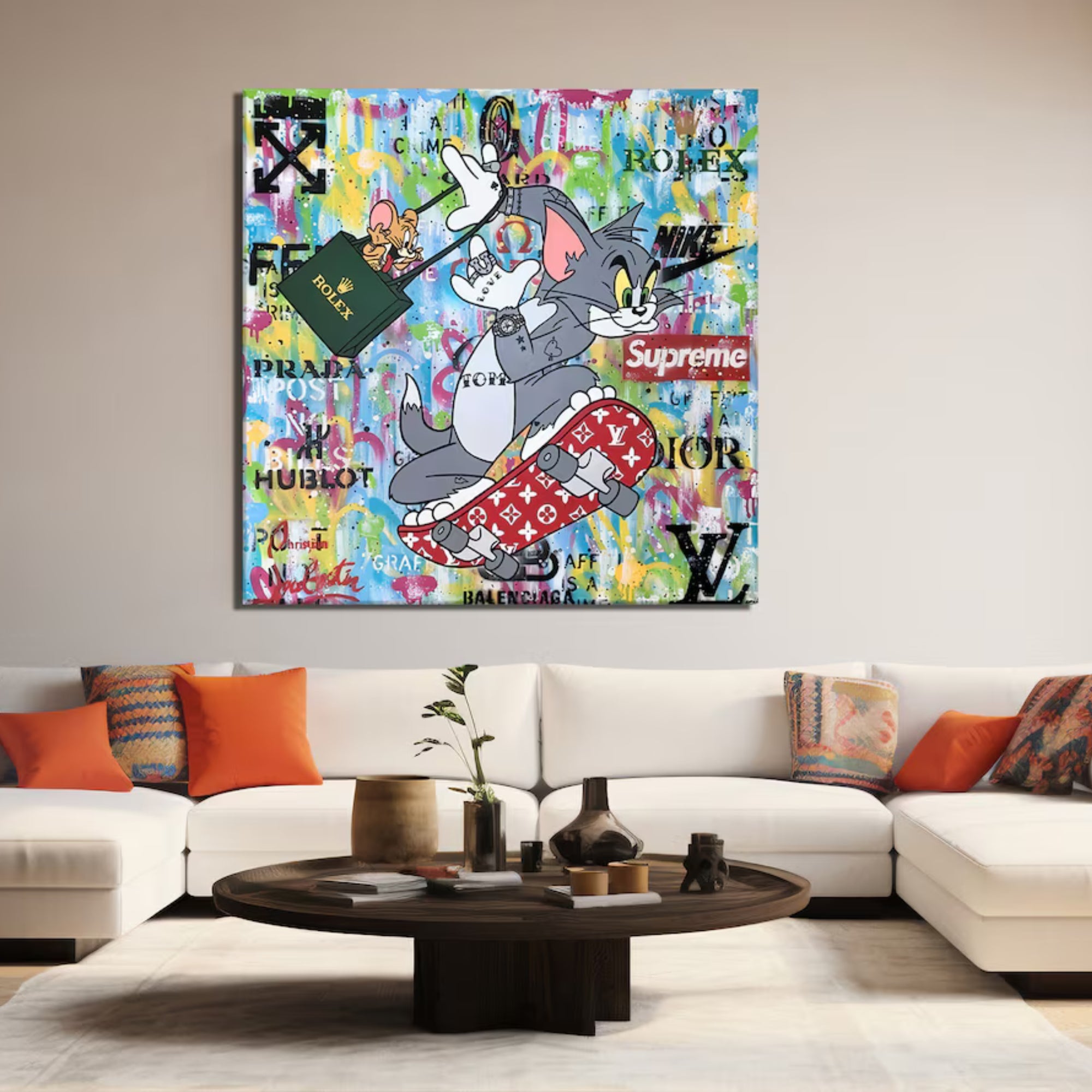 Street art Tom and Jerry painting – bold urban aesthetic with graffiti-style luxury brand elements and vibrant colors.