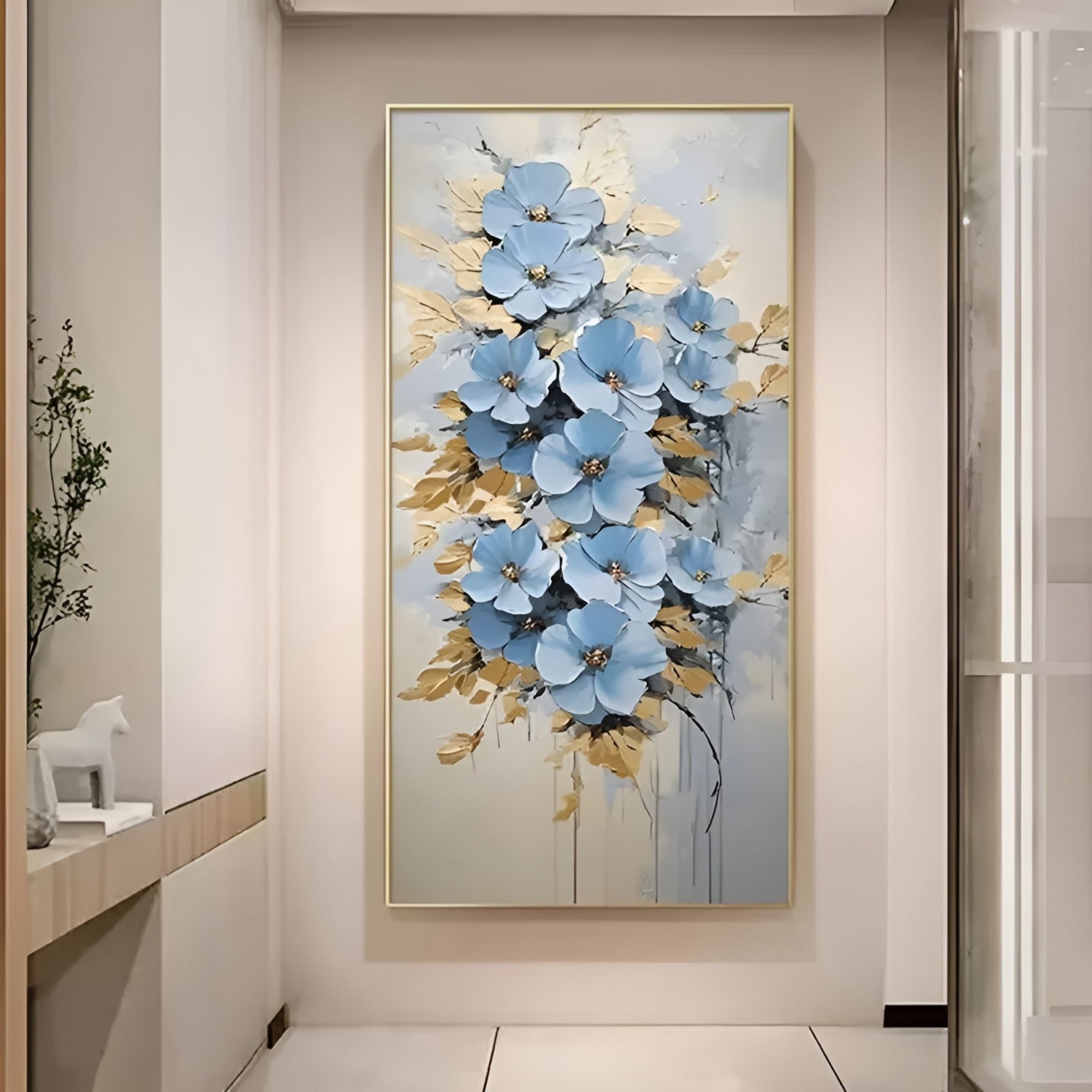 Vertical canvas art featuring blue flowers in textured oil, handcrafted to enhance modern interior aesthetics.