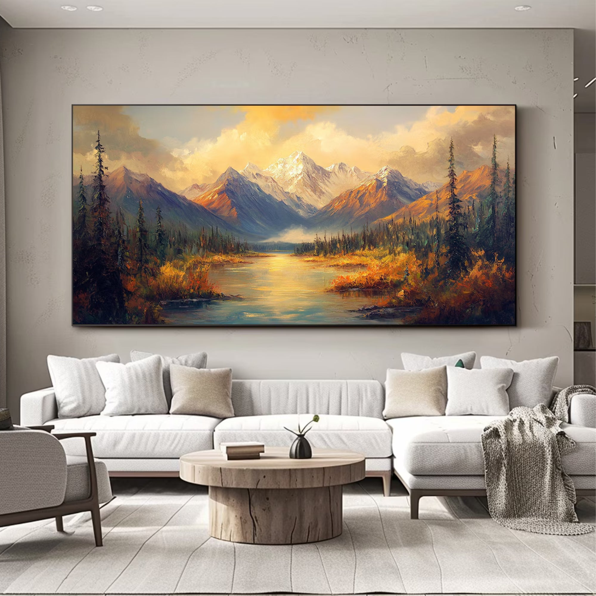 Atmospheric mountain valley painting with rich autumn tones and dramatic light—perfect for living rooms or sitting areas with earthy, neutral interiors.