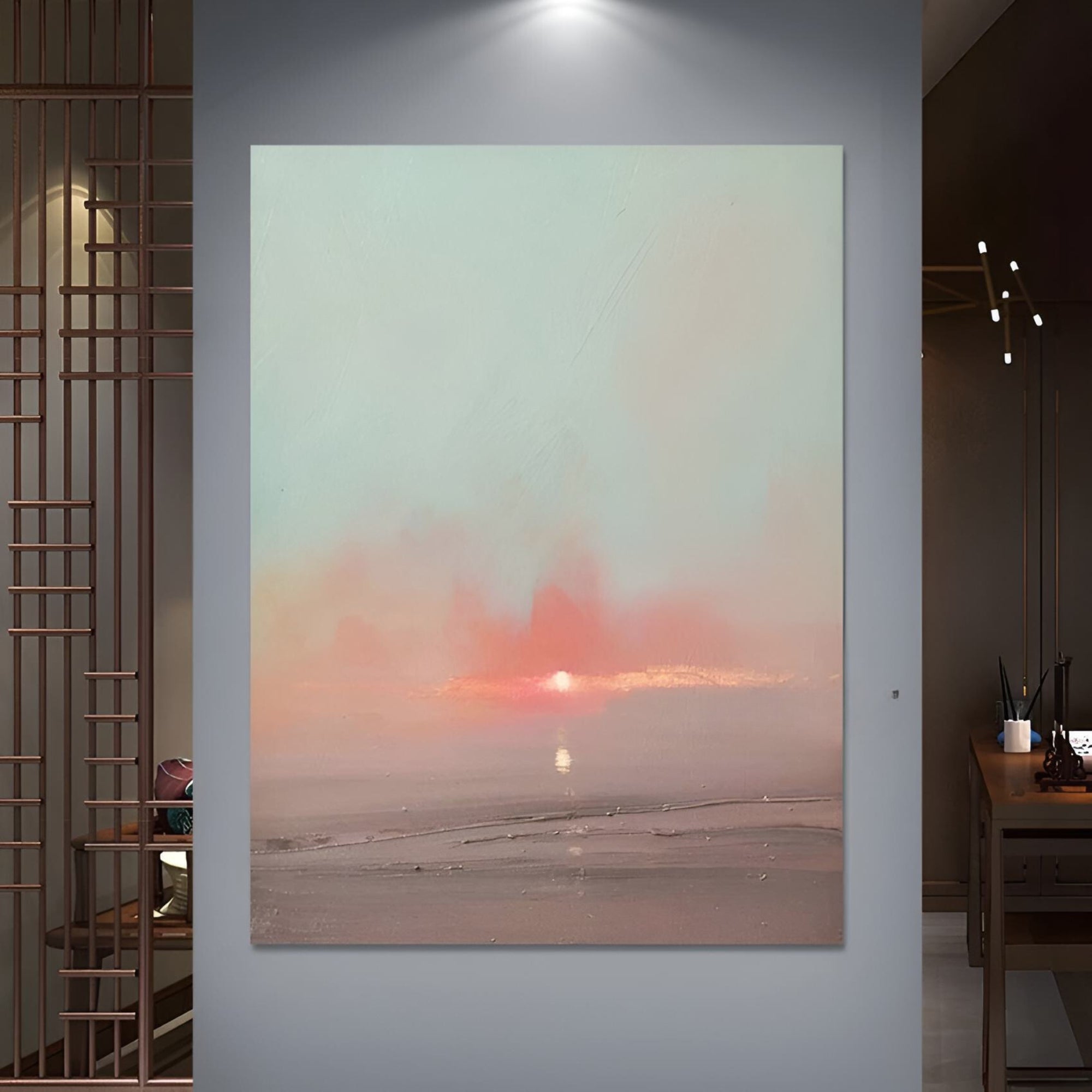 Handmade oil painting with soft sunrise hues over misty waters, great for contemporary dining areas or gallery walls.