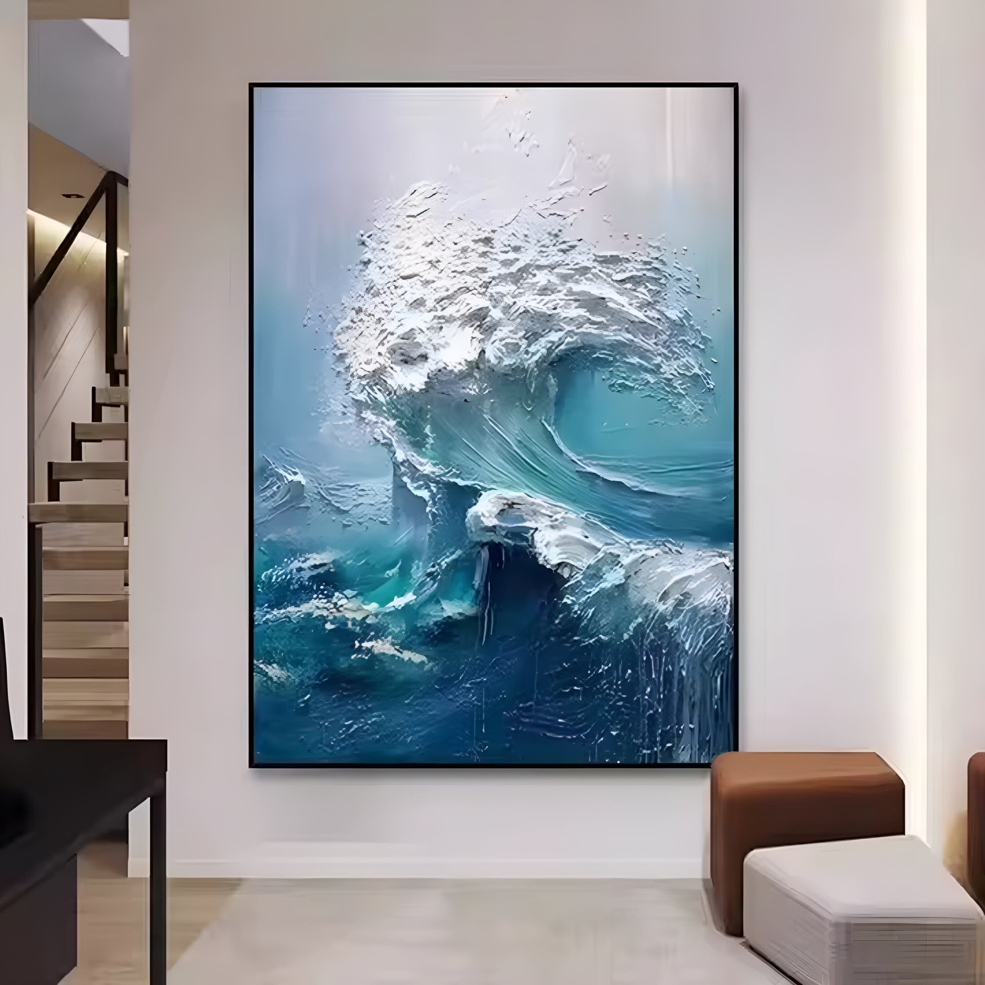 Elegant handmade oil on canvas depicting a sweeping ocean wave mid-surge, with intricate paint texture and a misty atmosphere, ideal for creating a tranquil and sophisticated environment.