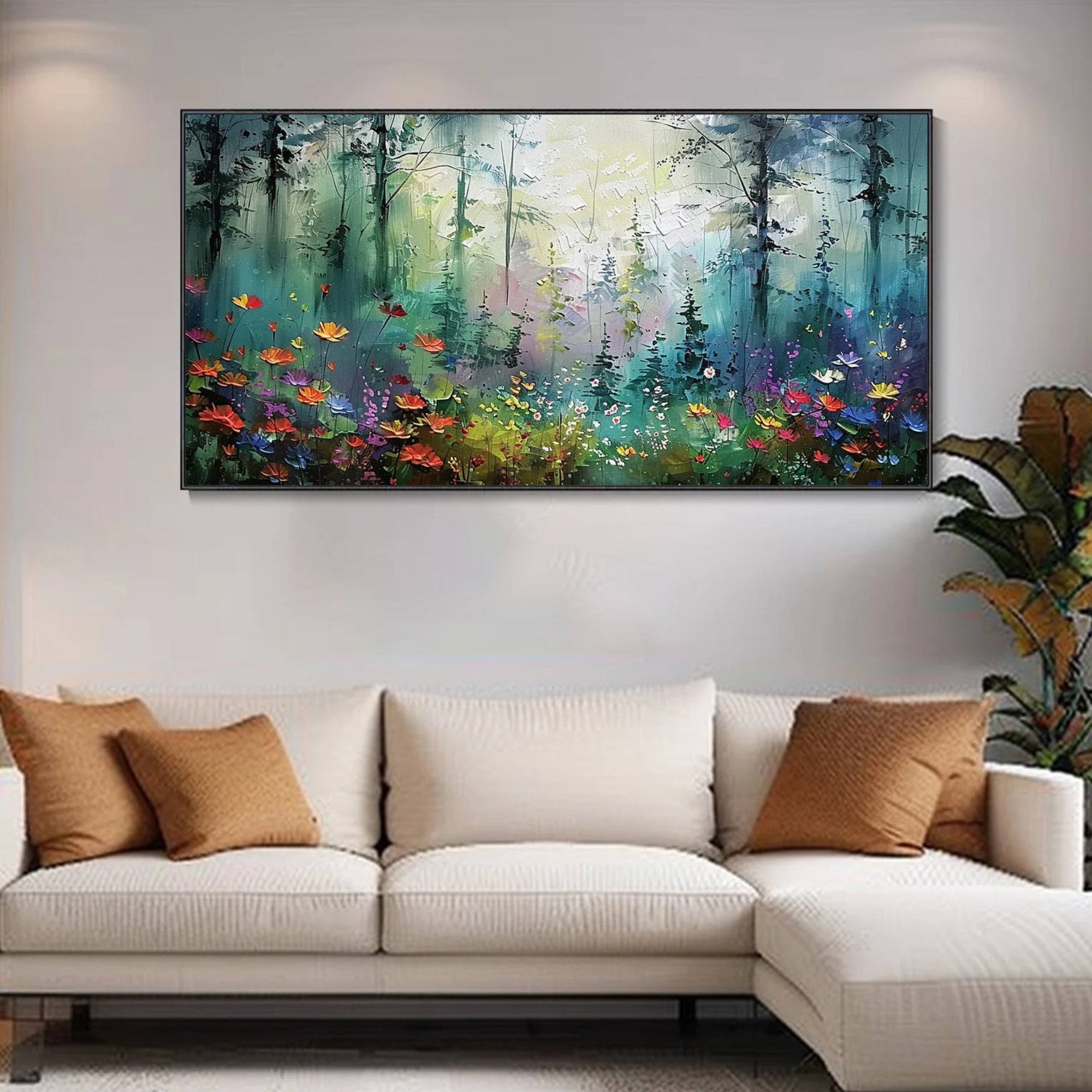 Large horizontal canvas of an enchanting woodland with lush greenery and floral bursts, adding depth to a sleek interior.