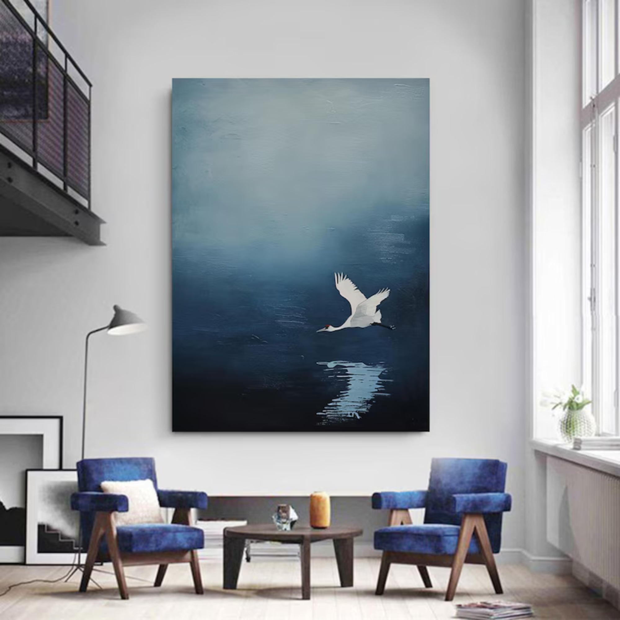Tranquil handmade oil artwork of a swan gliding over blue water, great for peaceful home offices or lounges.