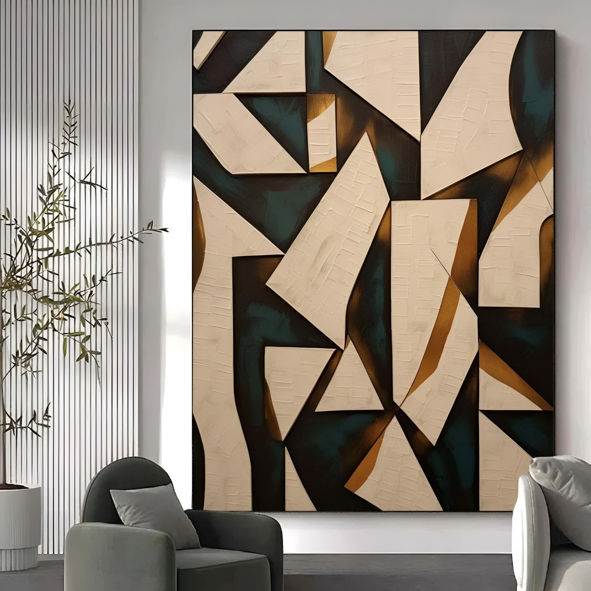 Minimalist geometric oil painting with angular abstract patterns in earthy hues, adding elegance to modern home decor