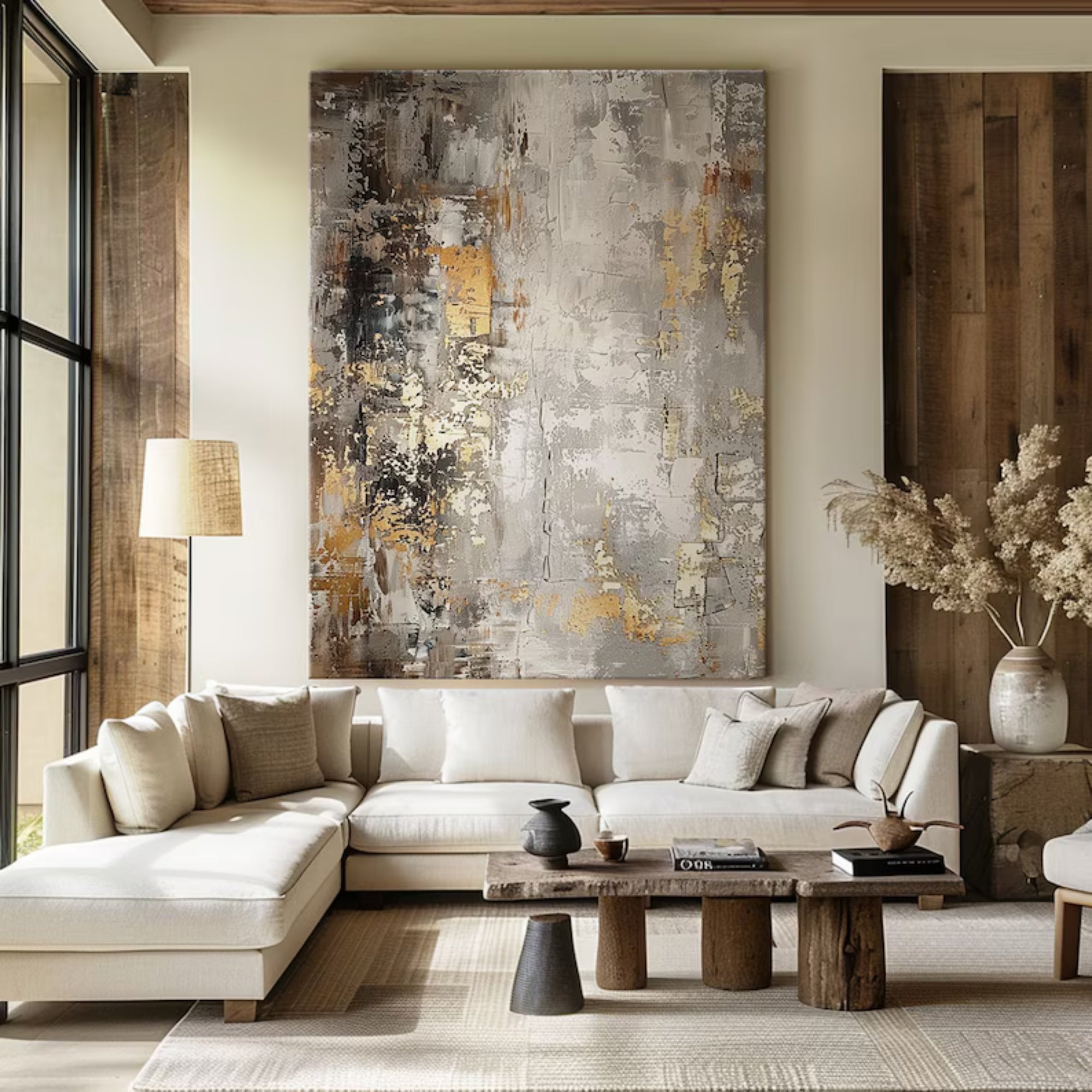 Contemporary abstract artwork featuring gold and silver hues on a textured canvas, enhancing the warm aesthetic of a rustic yet modern space.