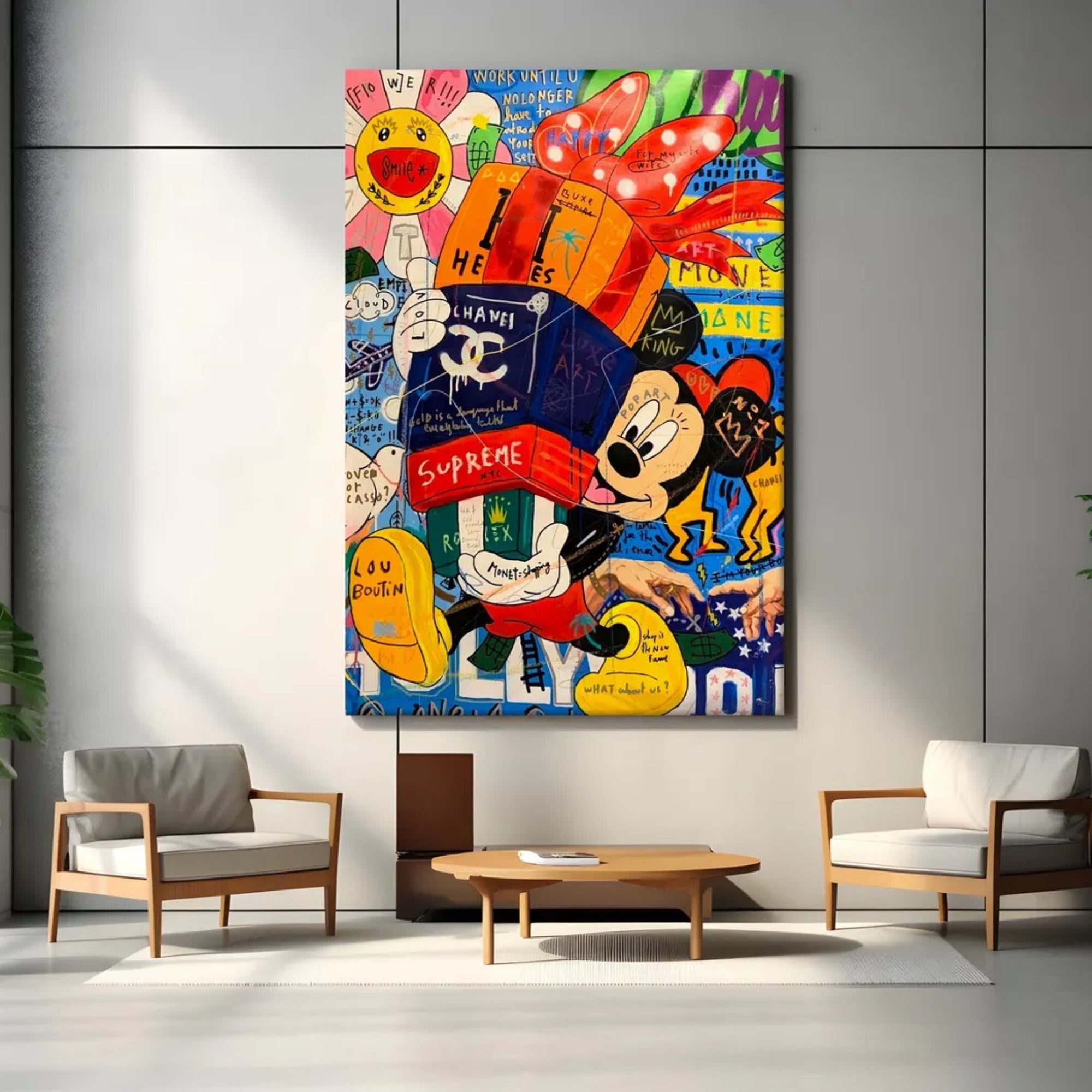 Modern pop art painting with bold colors and Mickey, ideal for urban apartments or creative studios